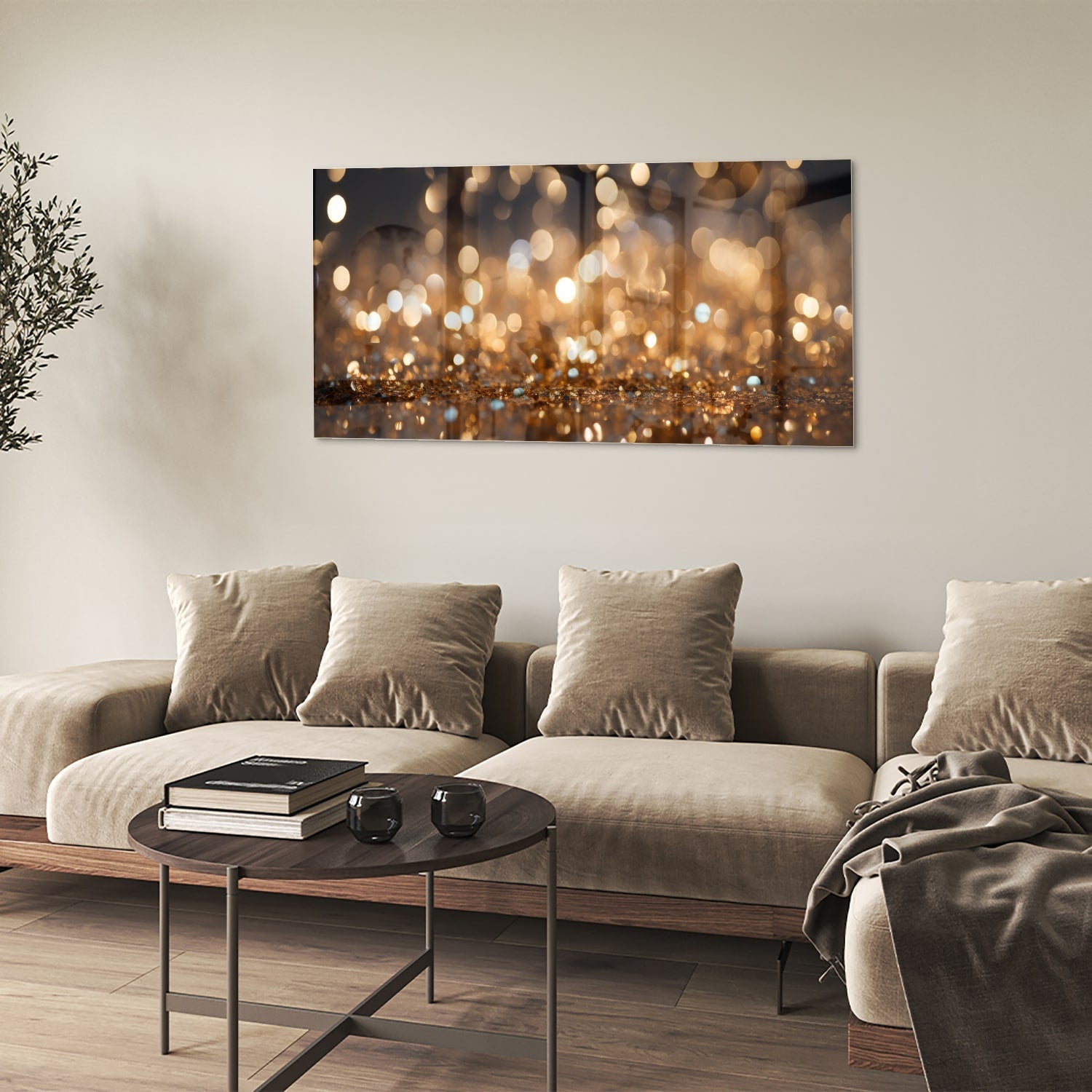 Glasbild mit goldenem Bokeh in moderner Szenerie – Glasbild aus Sicherheitsglas, Größe 90x60