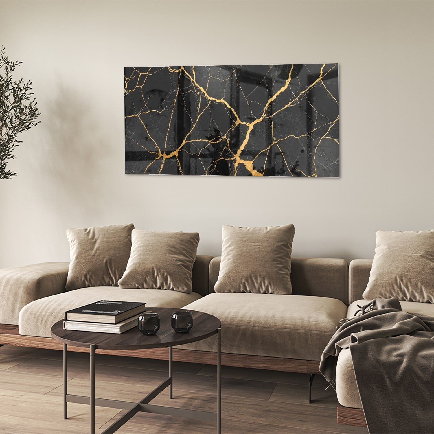Elegantes Glasbild mit schwarz-goldenem Muster – Glasbild aus Sicherheitsglas, Größe 90x60