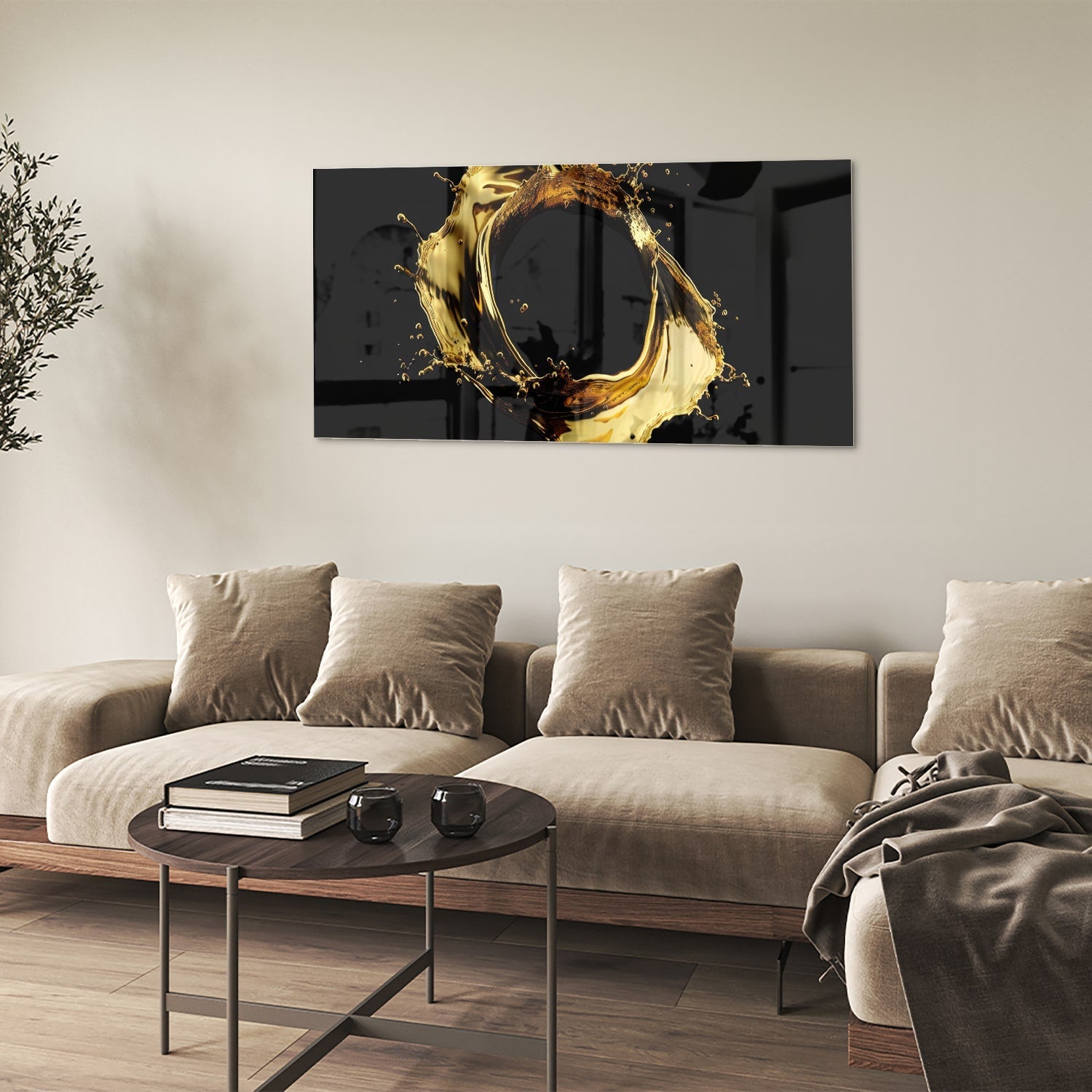 Glasbild mit Spritzern auf schwarzer Fläche – Glasbild aus Sicherheitsglas, Größe 90x60