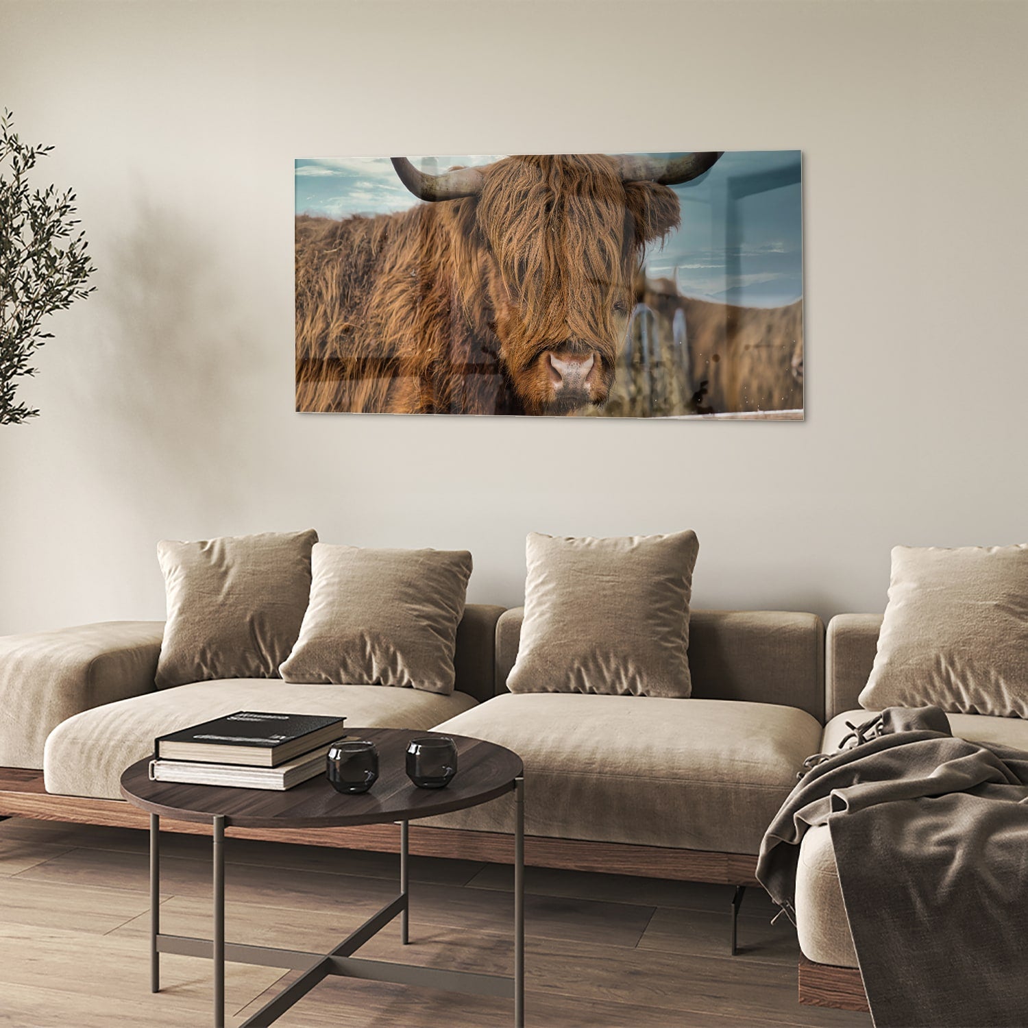 Glasbild mit einem Hochlandrind in der Natur – Glasbild aus Sicherheitsglas, Größe 90x60