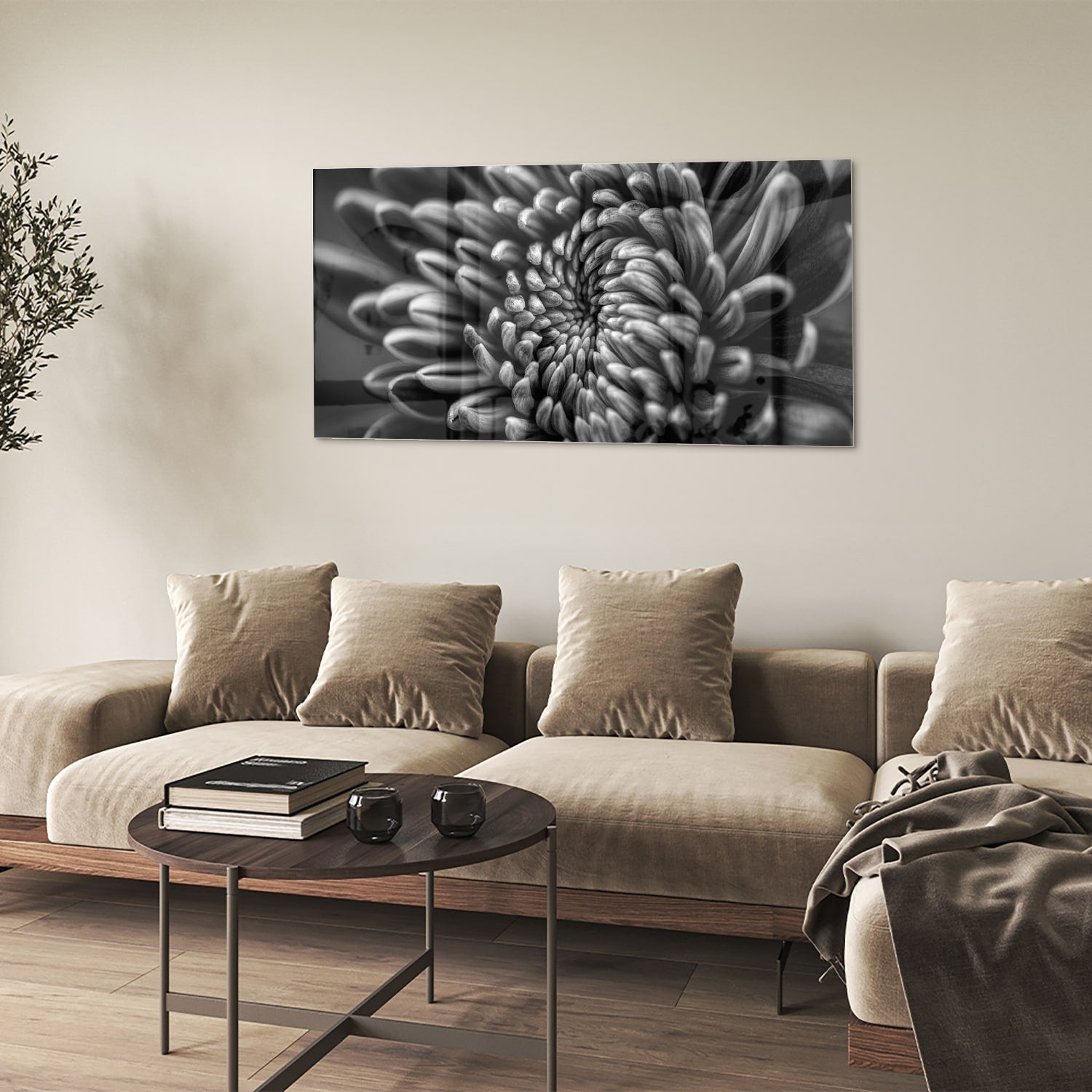 Schwarz-Weiß-Glasbild mit geschwungener Blume – Glasbild aus Sicherheitsglas, Größe 90x60