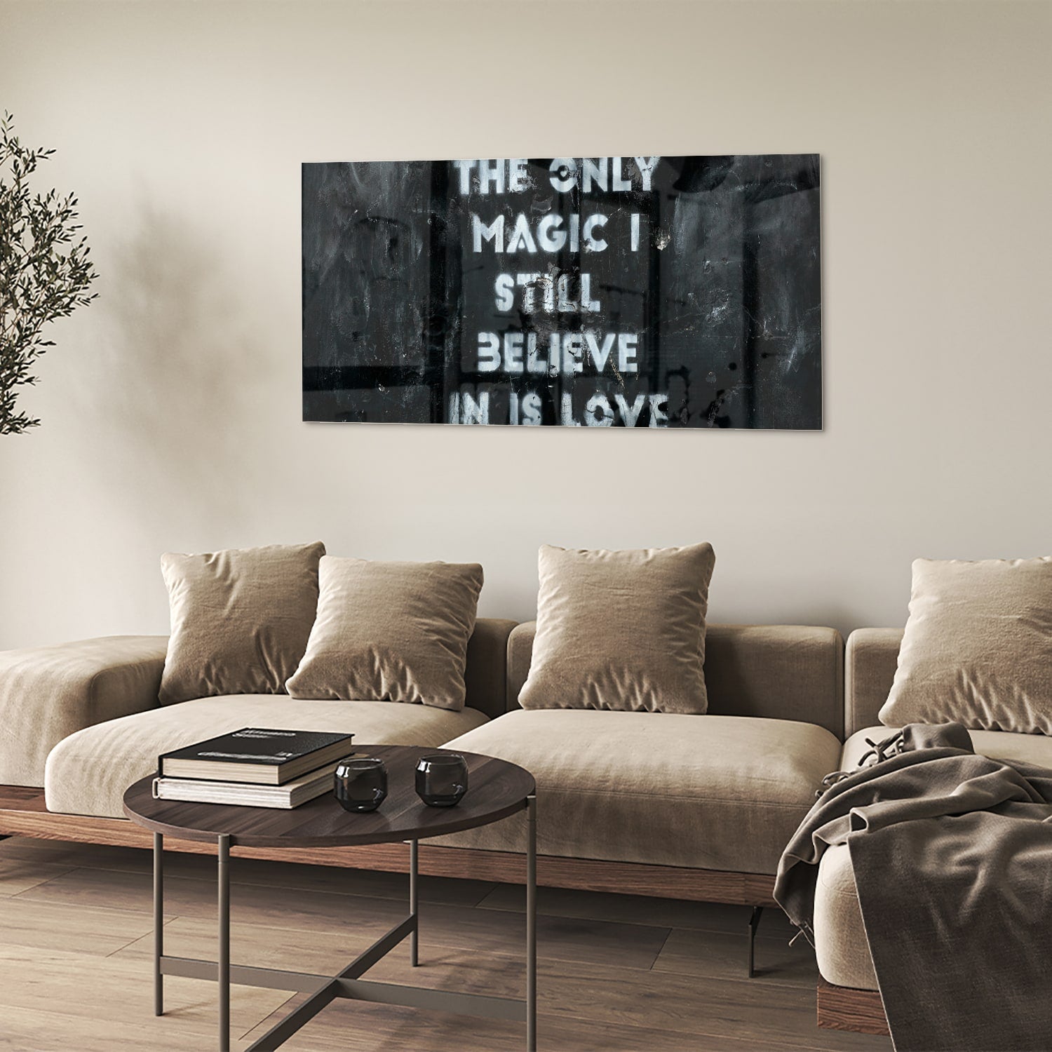 Glasbild mit Schriftzug „Believe in Love“ – Glasbild aus Sicherheitsglas, Größe 90x60