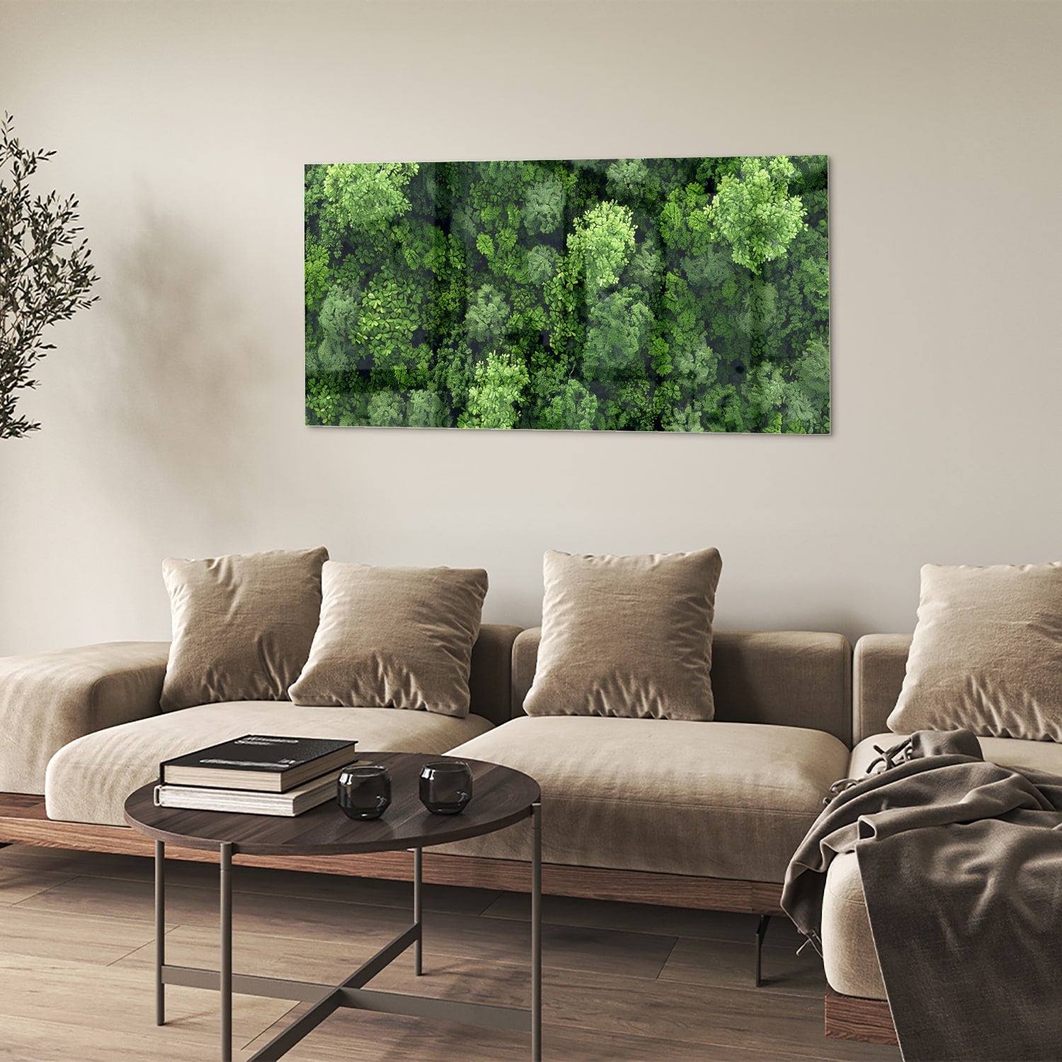 Glasbild mit Himmelsmotiv und üppigem grünen Wald – Glasbild aus Sicherheitsglas, Größe 90x60