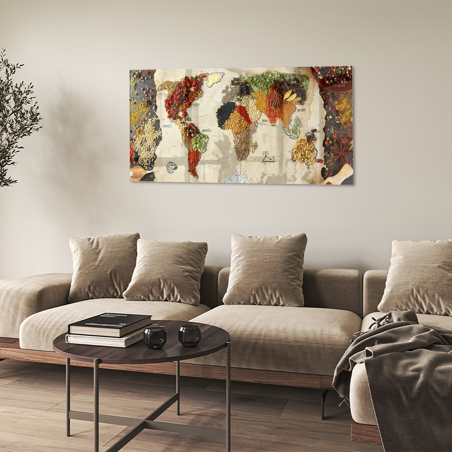 Farbenfrohes Glasbild mit Früchten und Gewürzen – Glasbild aus Sicherheitsglas, Größe 90x60