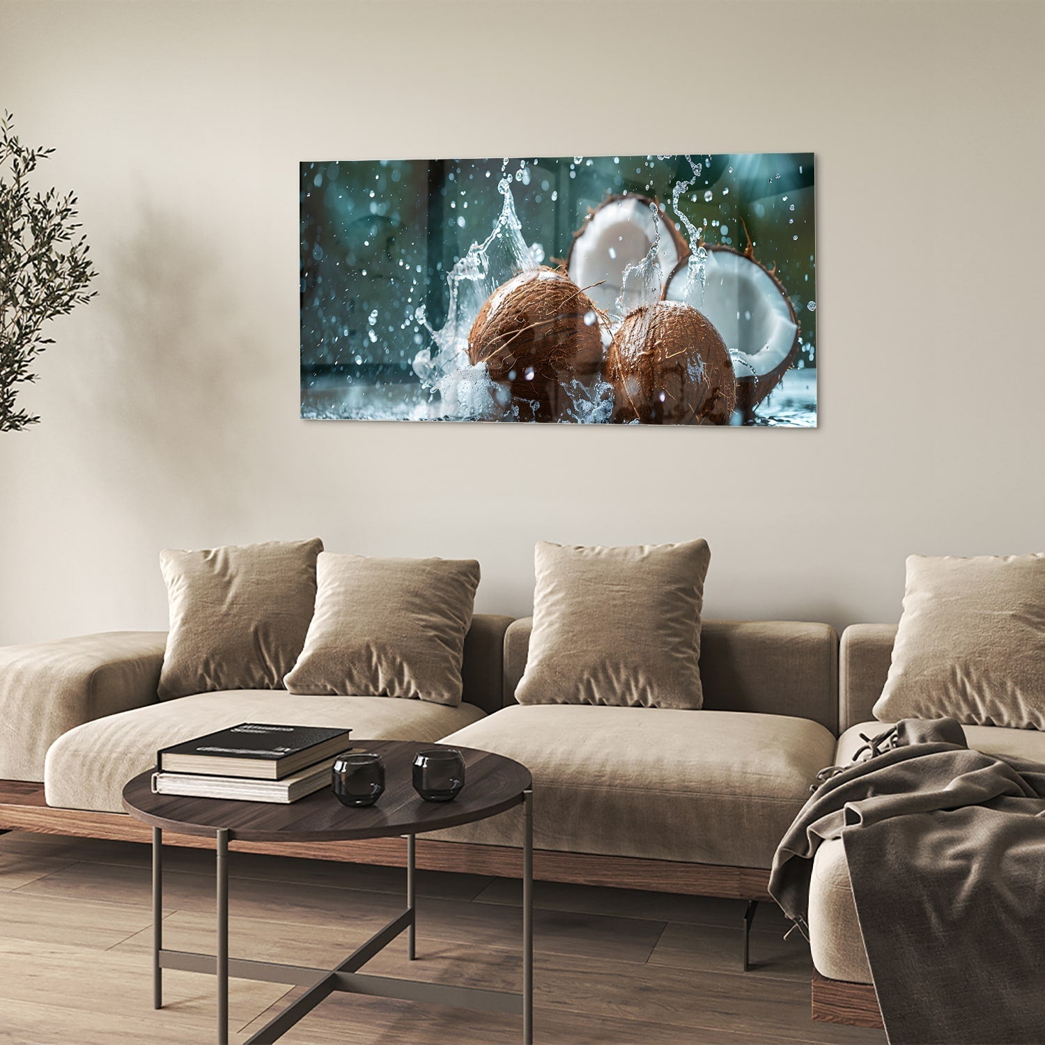 Glasbild Kokosnuss-Trio mit Wasserstrahlen – Glasbild aus Sicherheitsglas, Größe 90x60