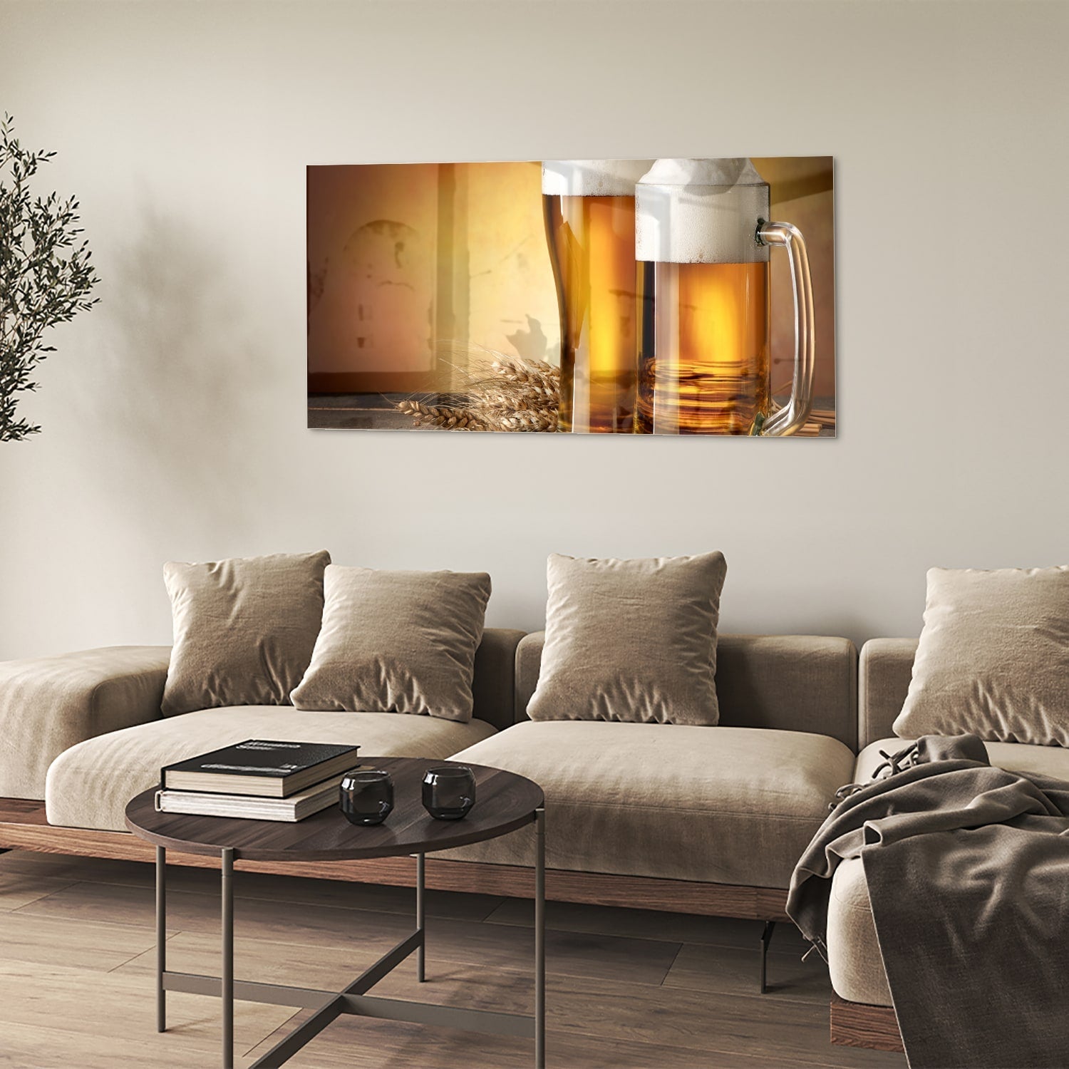 Stilvolles Glasbild mit Bier und Gerste – Glasbild aus Sicherheitsglas, Größe 90x60