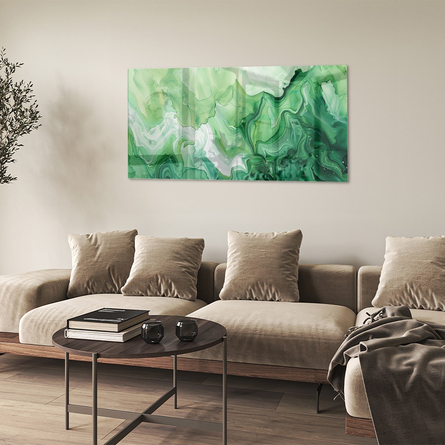 Grünes marmoriertes Glasbild für moderne Innenräume – Glasbild aus Sicherheitsglas, Größe 90x60