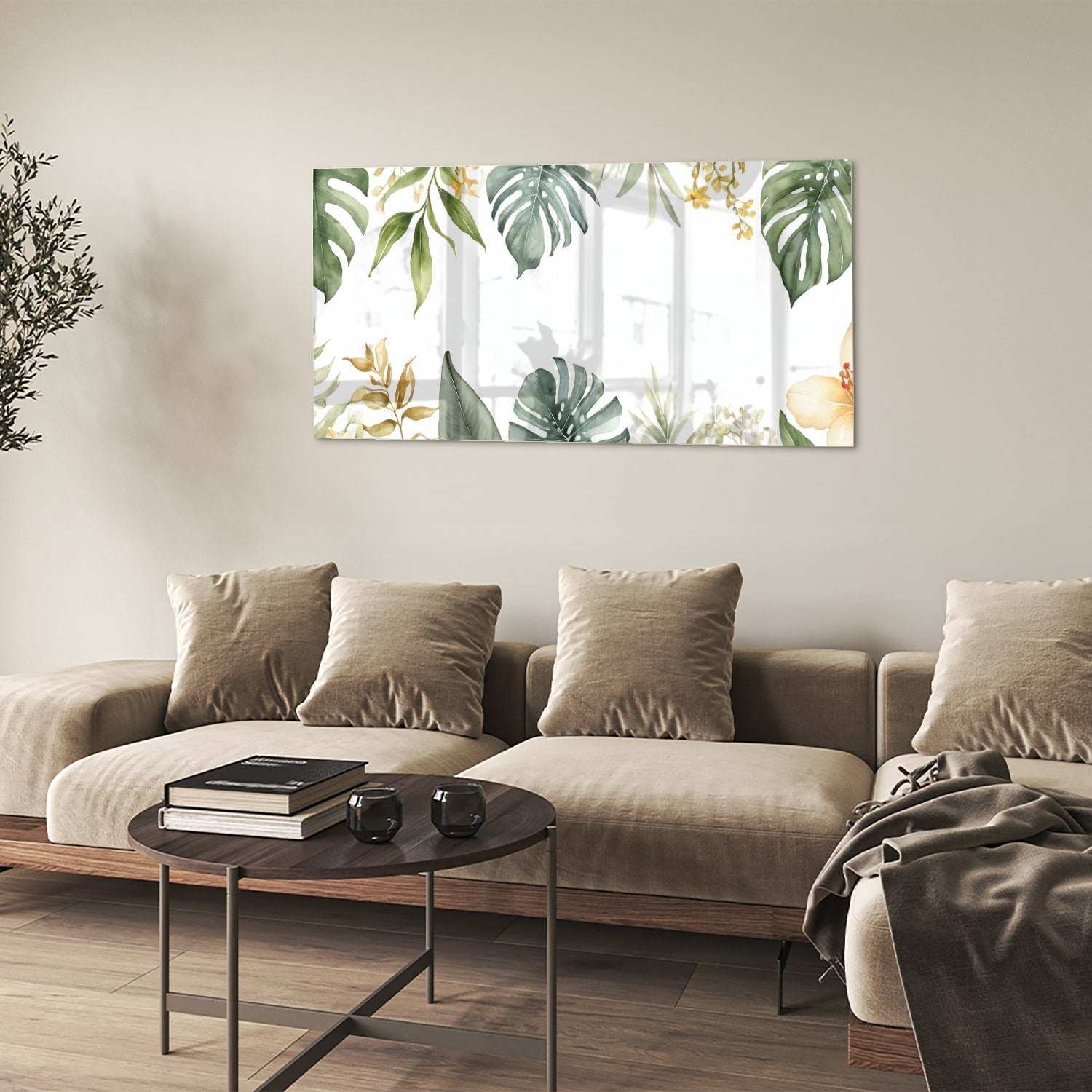 Glasbild mit tropischen Blättern und botanischer Flora – Glasbild aus Sicherheitsglas, Größe 90x60