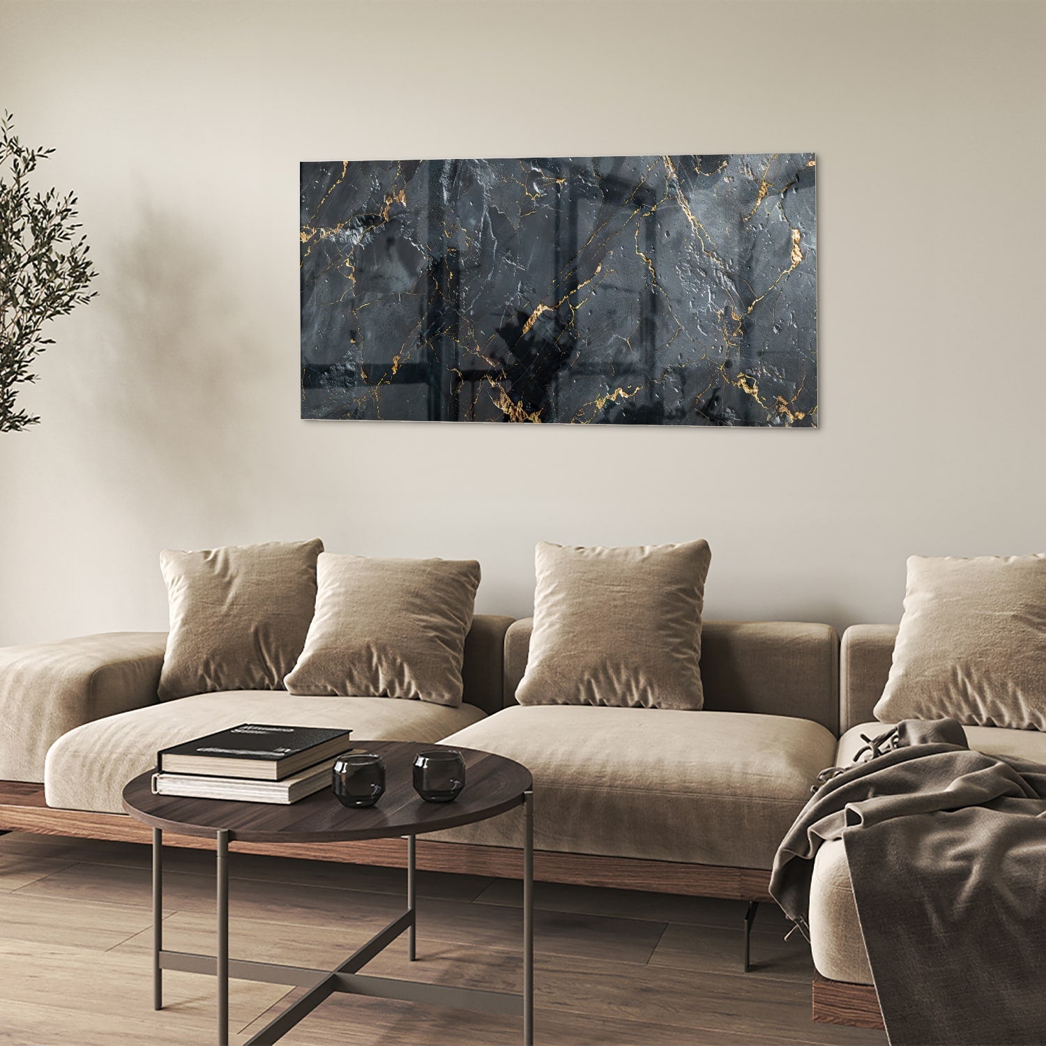 Elegantes Glasbild mit goldener Marmoroptik – Glasbild aus Sicherheitsglas, Größe 90x60