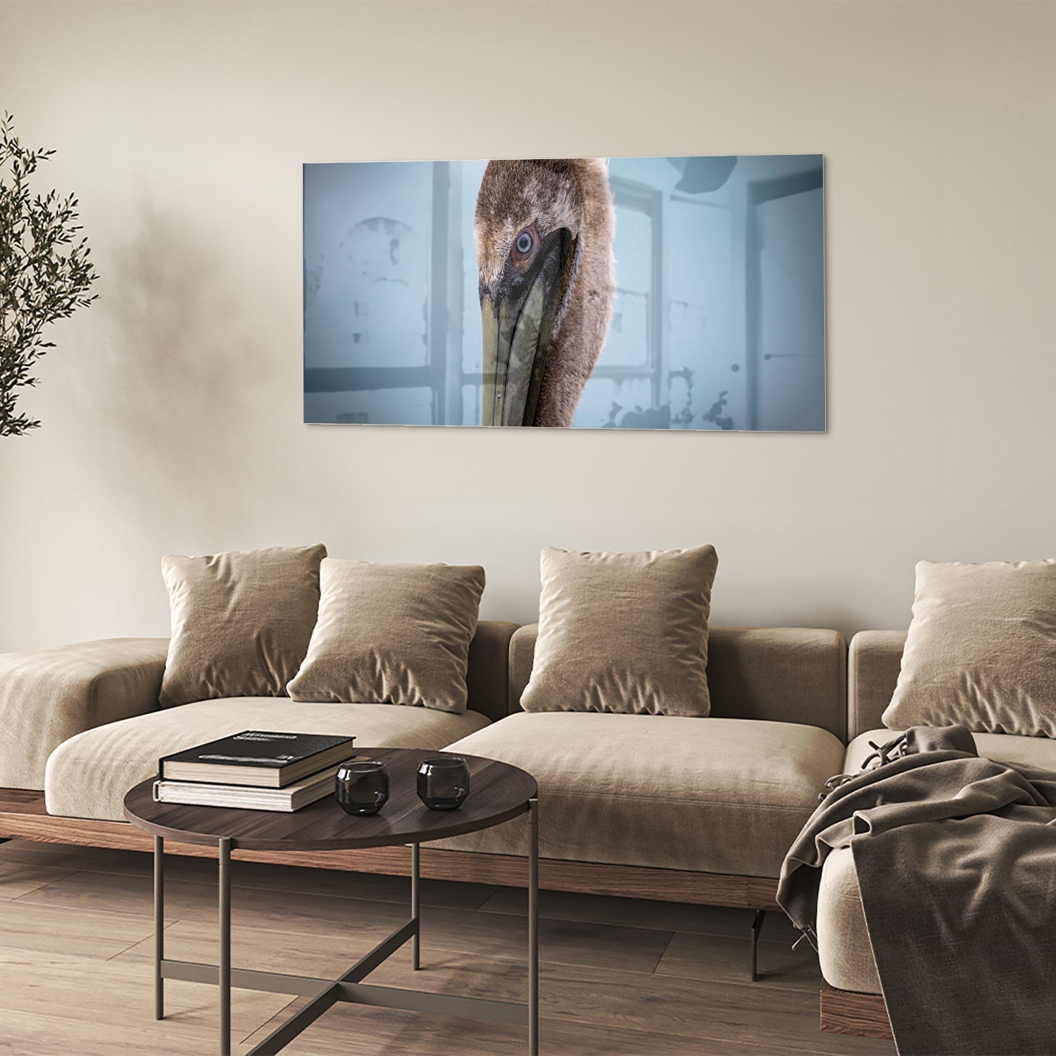 Stilvolles Glasbild mit Pelikan-Porträt – Glasbild aus Sicherheitsglas, Größe 90x60
