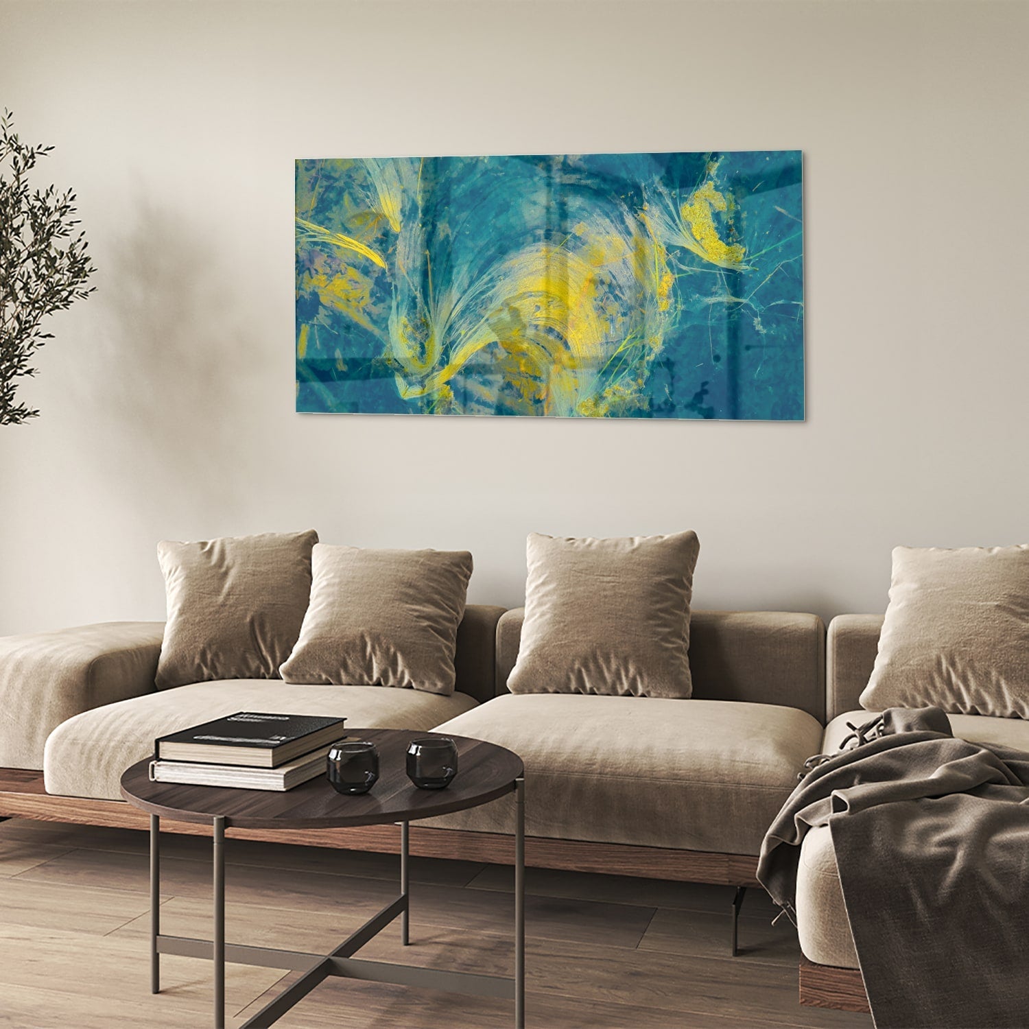 Farbenfrohes Glasbild mit abstraktem blau-gelbem Muster – Glasbild aus Sicherheitsglas, Größe 90x60