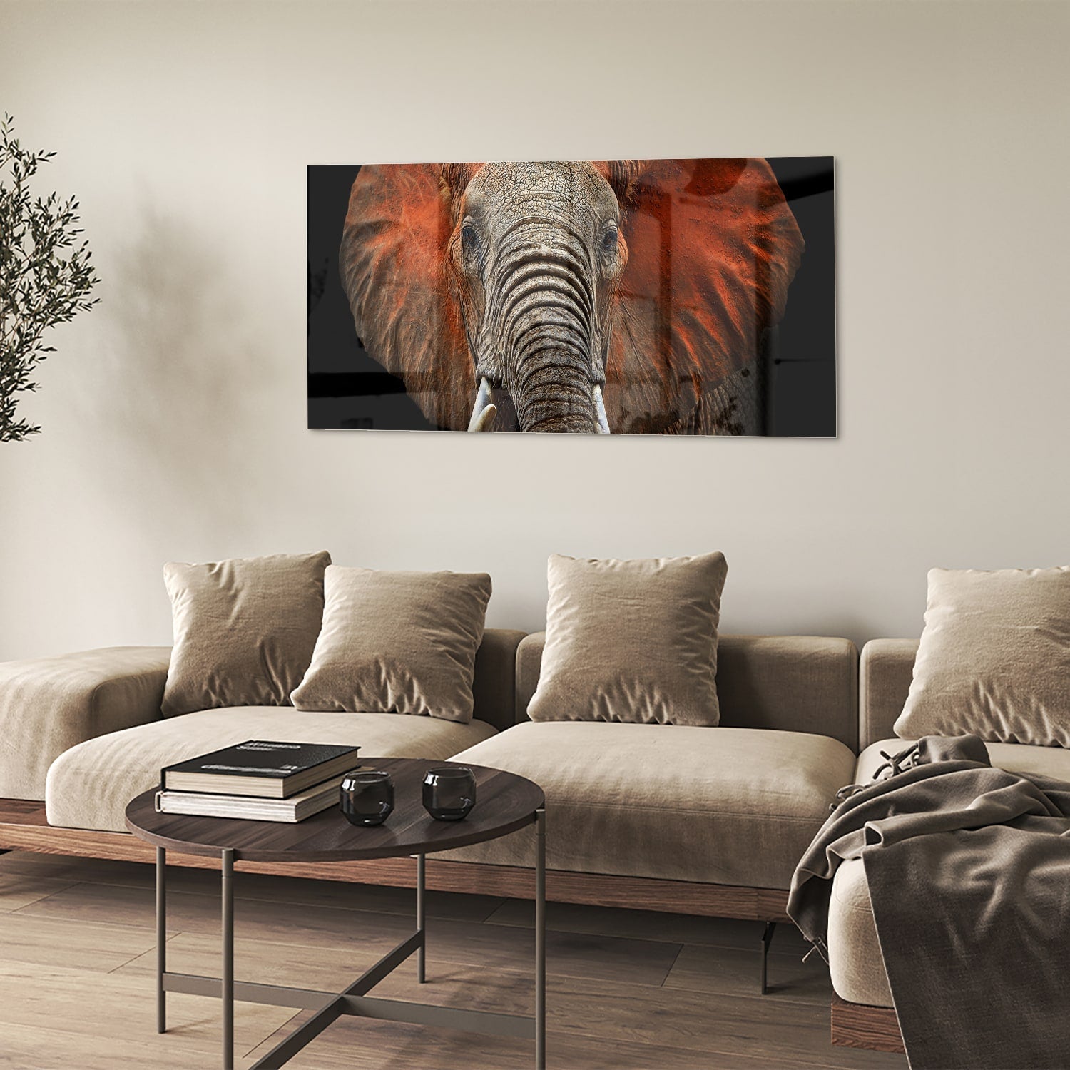 Beeindruckendes Glasbild mit einem Elefanten – Glasbild aus Sicherheitsglas, Größe 90x60