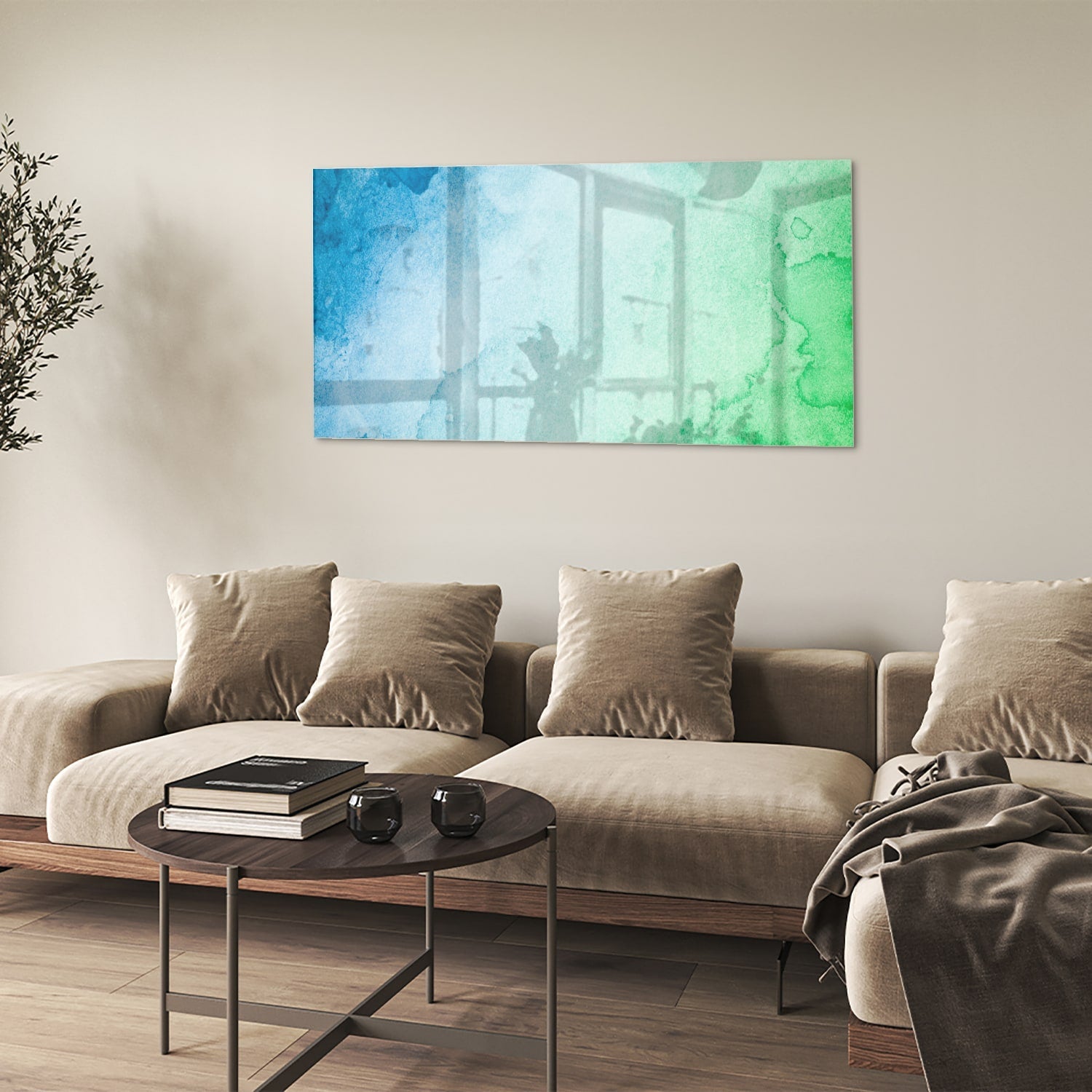 Abstraktes Glasbild in Blau und Grün – Glasbild aus Sicherheitsglas, Größe 90x60