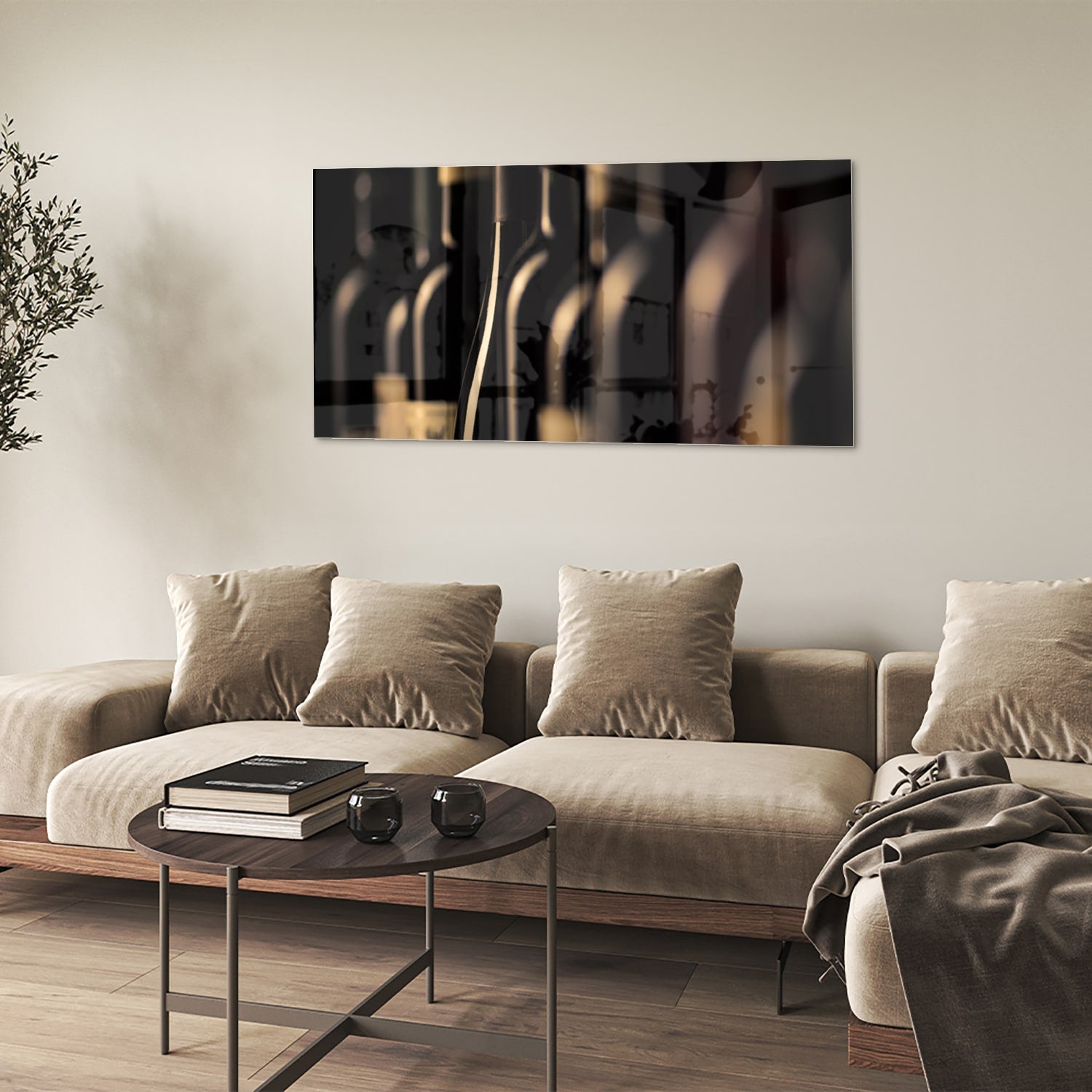 Elegantes Glasbild mit Weinflaschen – Glasbild aus Sicherheitsglas, Größe 90x60