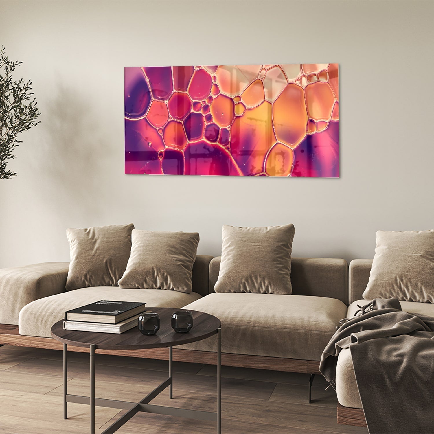 Abstraktes Glasbild in warmen Farben – Glasbild aus Sicherheitsglas, Größe 90x60