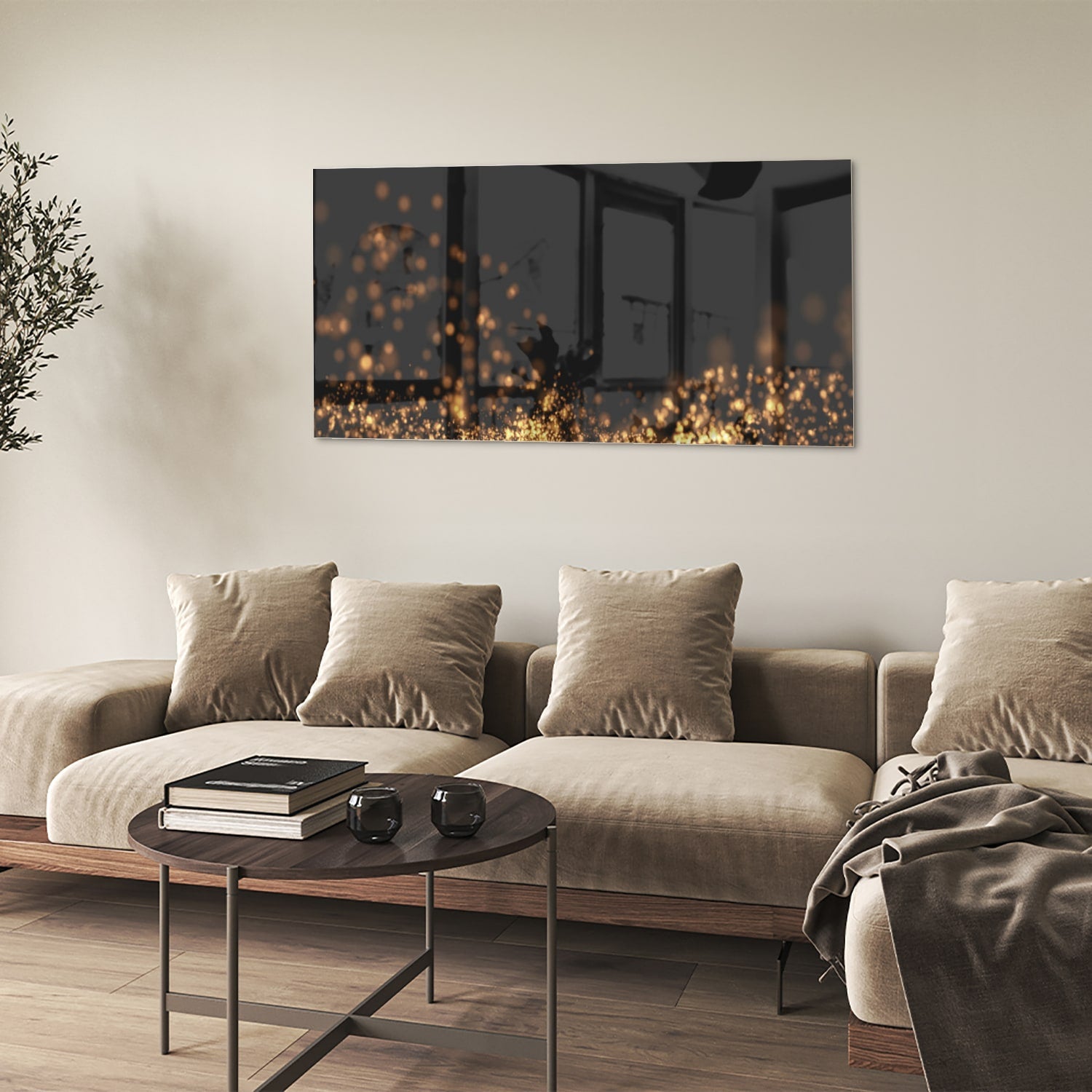 Glasbild mit goldenen Lichtpunkten auf schwarzem Hintergrund – Glasbild aus Sicherheitsglas, Größe 90x60