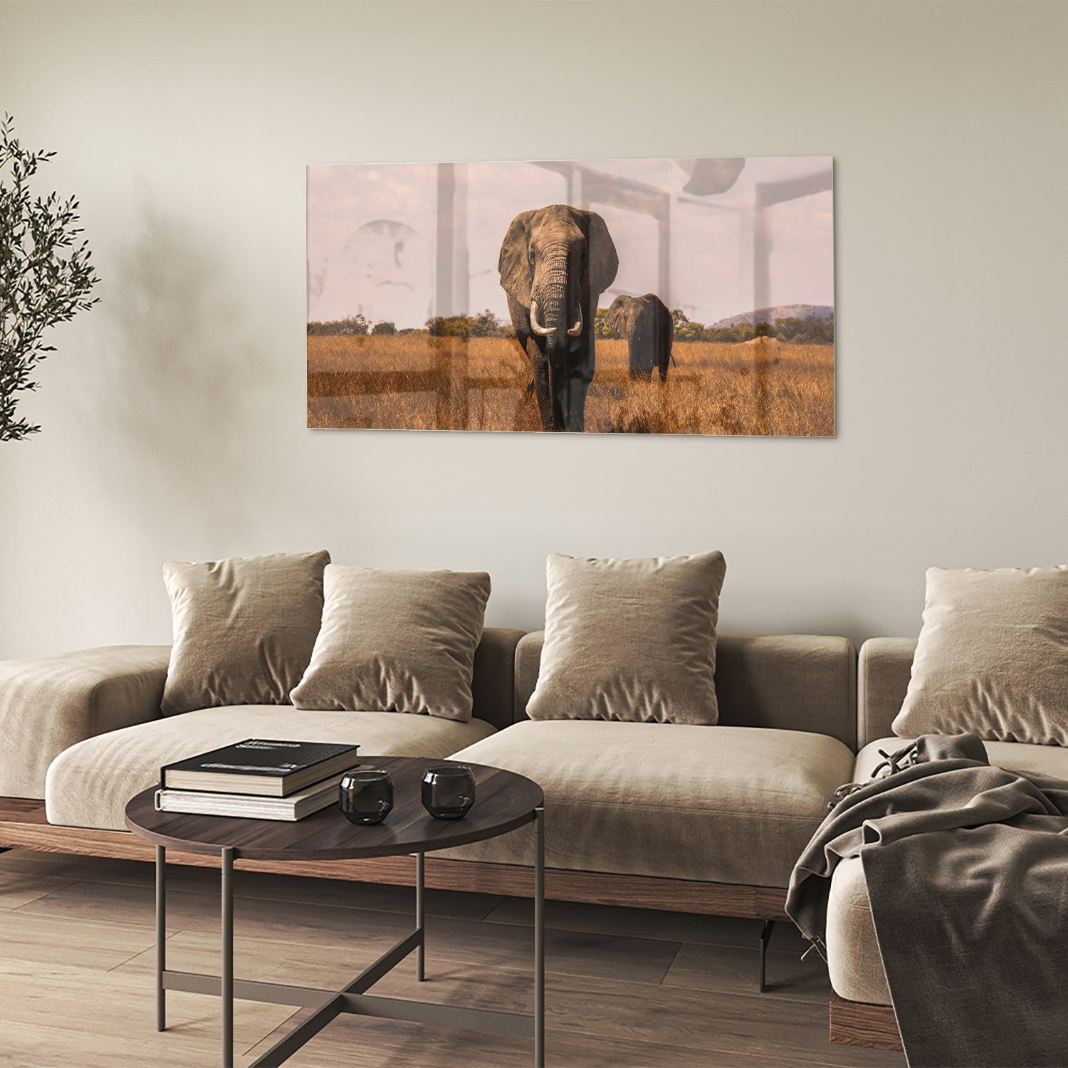 Wunderschönes Glasbild mit Elefanten in der Natur – Glasbild aus Sicherheitsglas, Größe 90x60