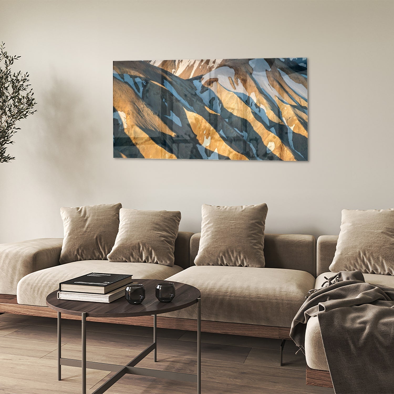 Glasbild mit Bergen und sanften Farben – Glasbild aus Sicherheitsglas, Größe 90x60