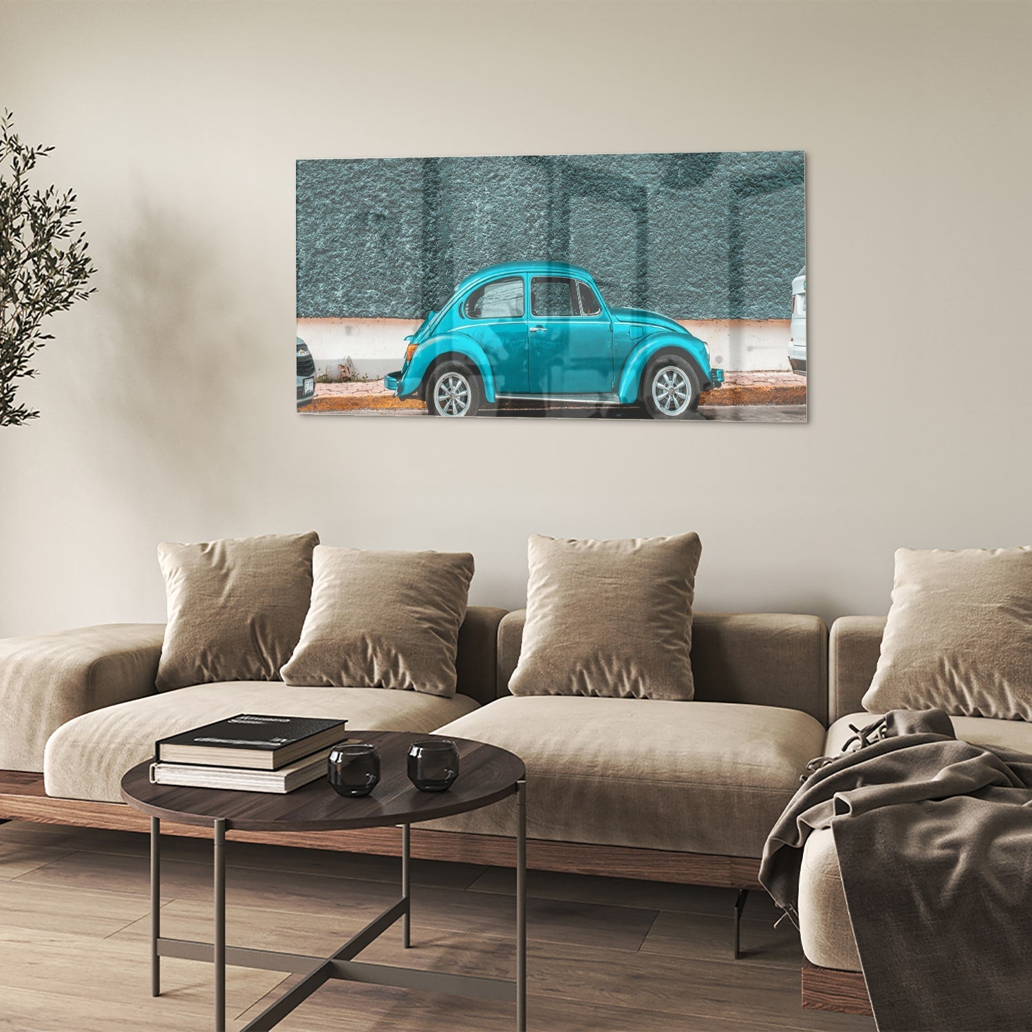 Stilvolles Glasbild mit einem türkisen Auto – Glasbild aus Sicherheitsglas, Größe 90x60
