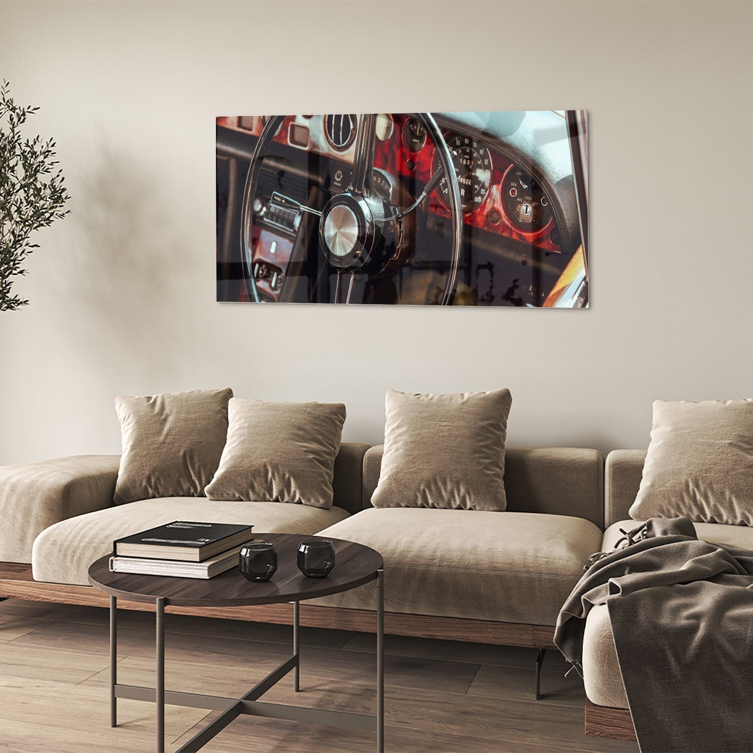 Retro-Auto-Glasbild mit Armaturenbrett für Liebhaber – Glasbild aus Sicherheitsglas, Größe 90x60