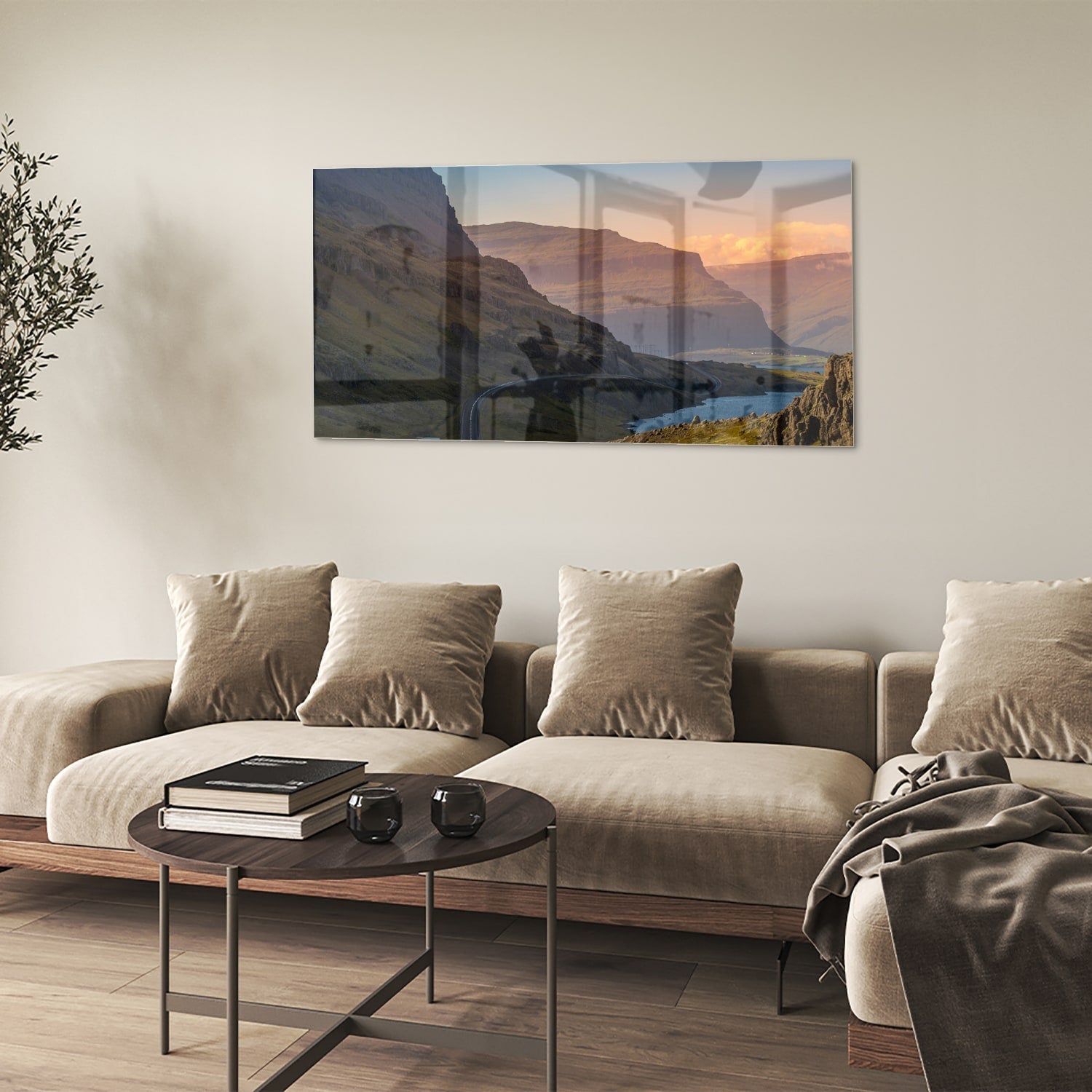 Atemberaubendes Glasbild mit Bergen und Fluss – Glasbild aus Sicherheitsglas, Größe 90x60