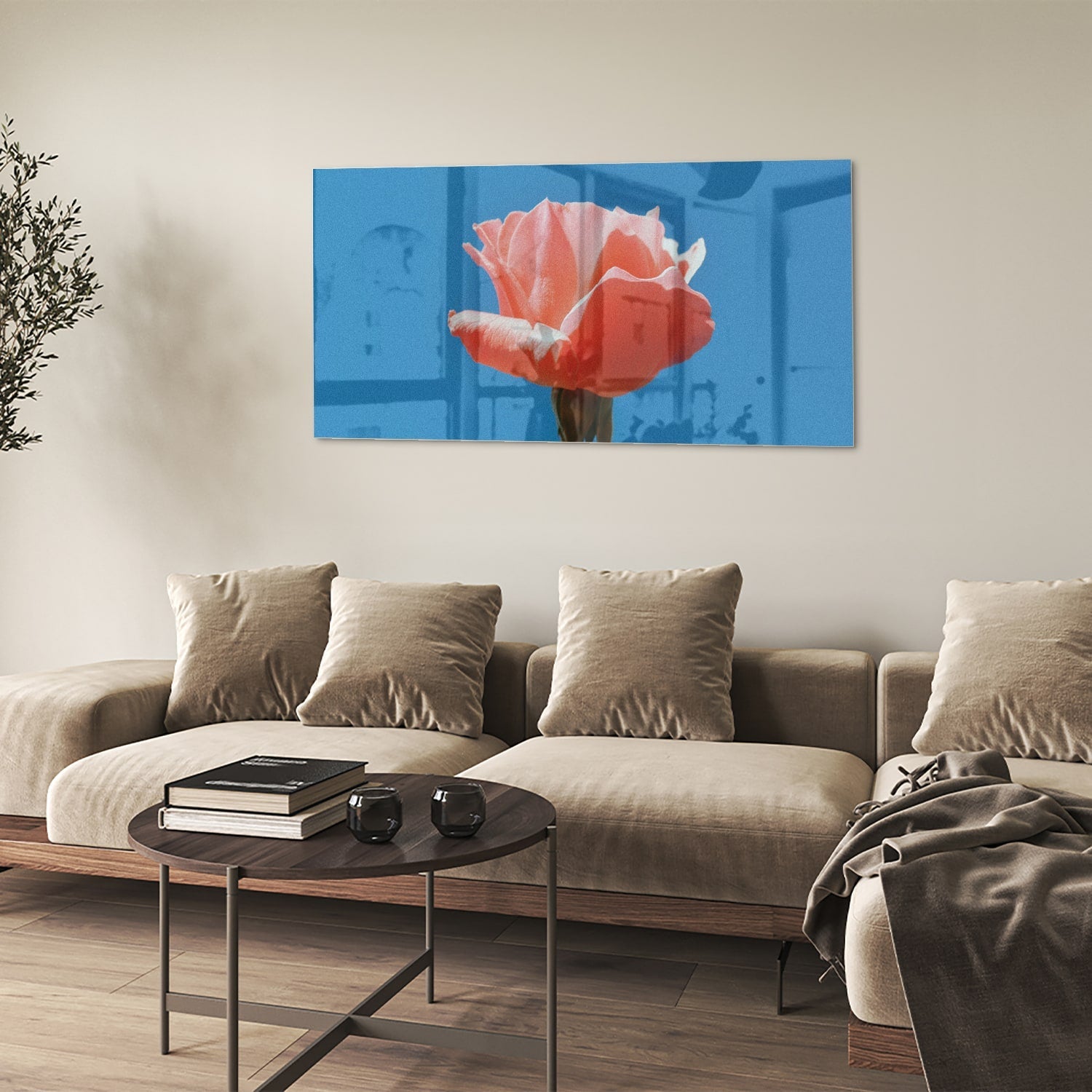Glasbild rosa Rose auf blauem Hintergrund – Glasbild aus Sicherheitsglas, Größe 90x60