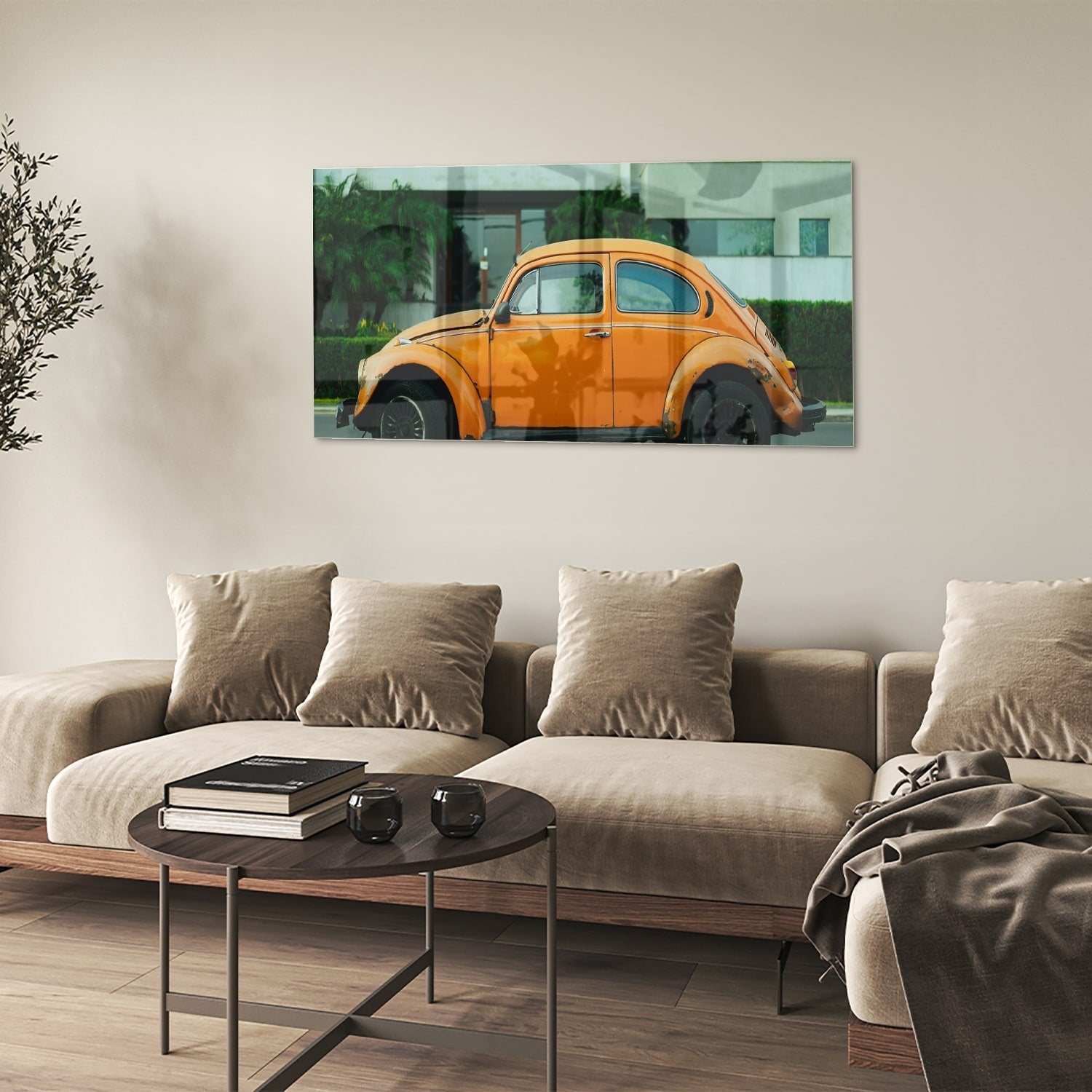 Fröhliches Glasbild mit orangefarbenem Käfer – Glasbild aus Sicherheitsglas, Größe 90x60