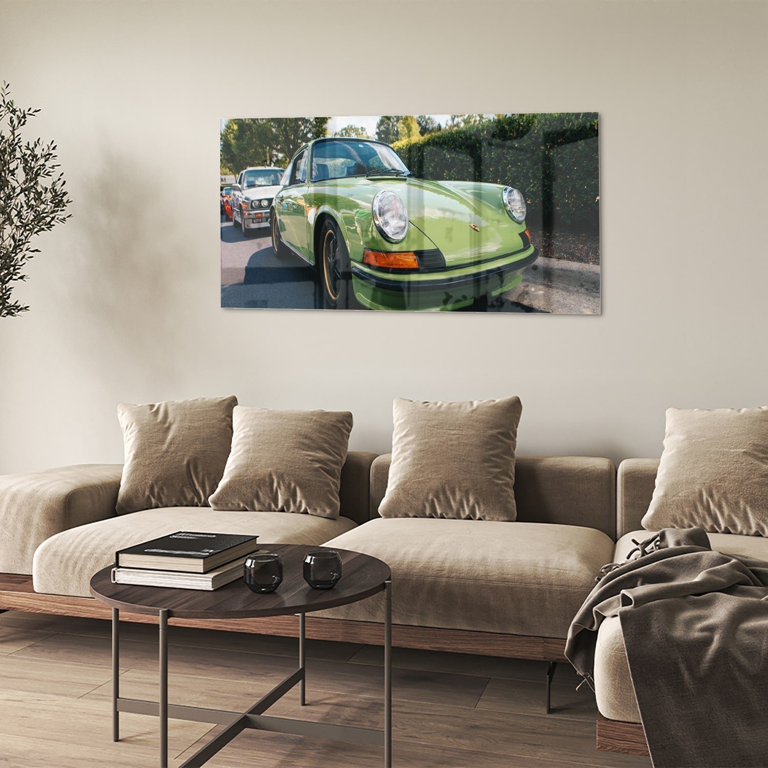 Glasbild mit einzigartigem grünen Porsche für moderne Innenräume – Glasbild aus Sicherheitsglas, Größe 90x60