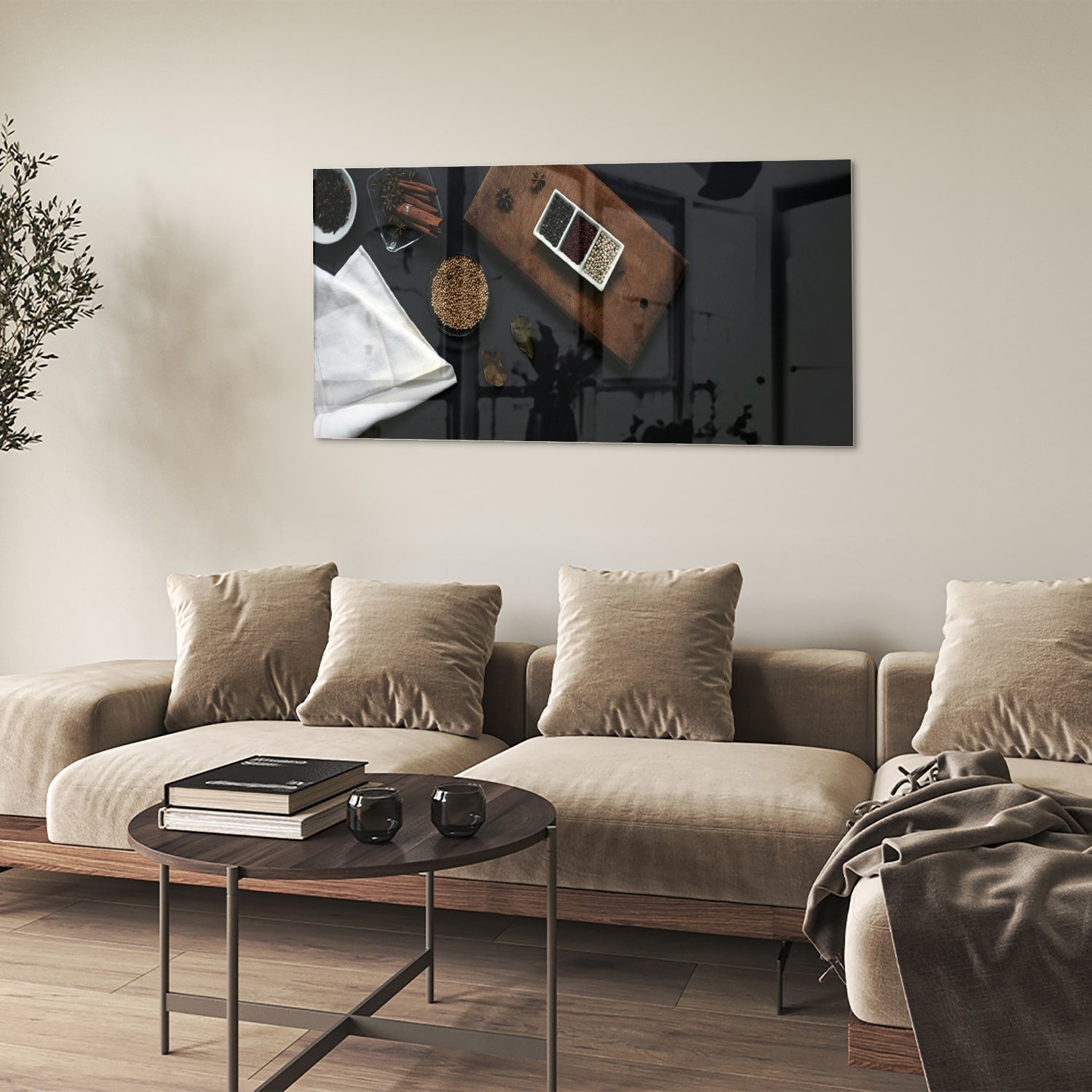 Modernes Glasbild mit Kaffee und Notizen – Glasbild aus Sicherheitsglas, Größe 90x60