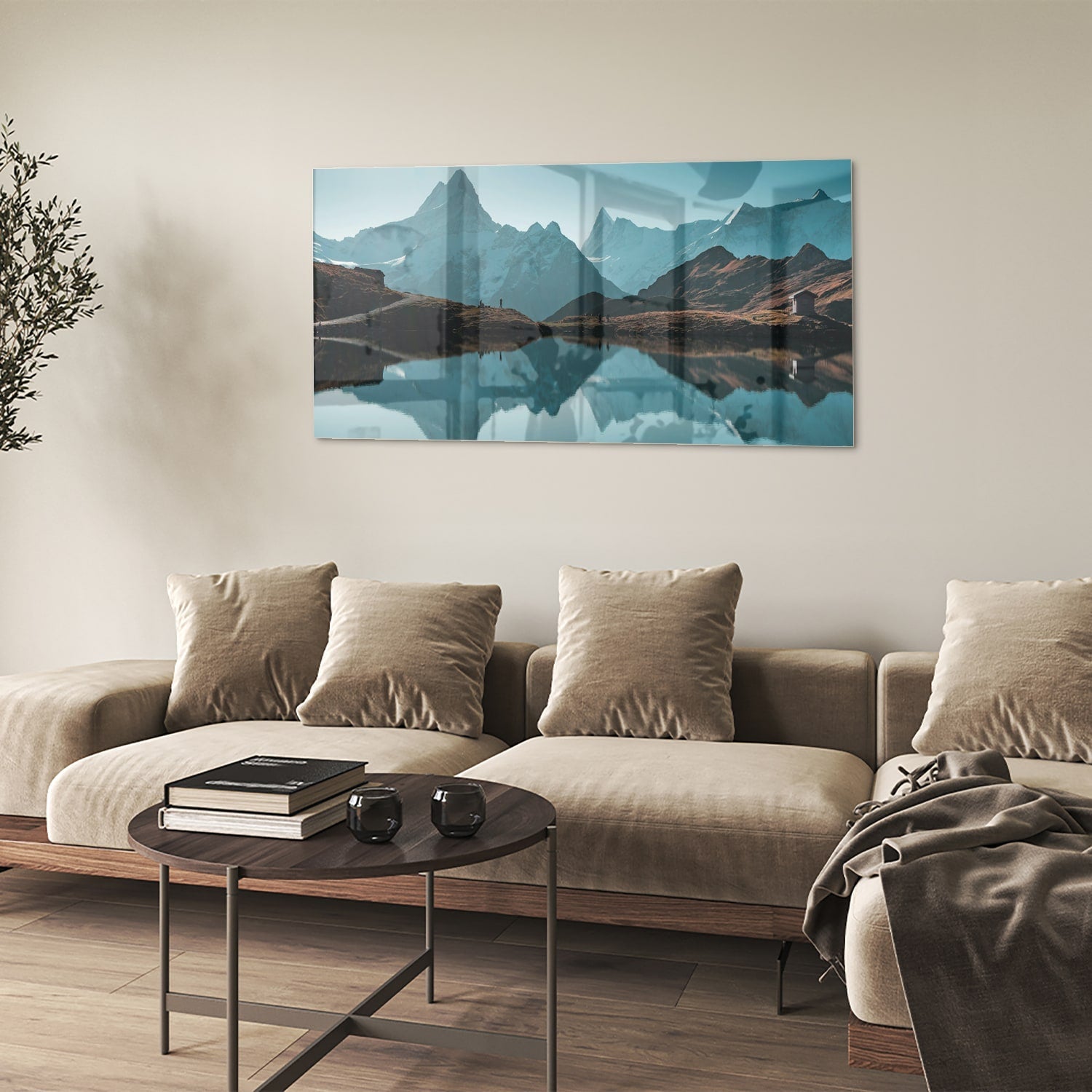 Glasbild mit Bergen und Wasserreflexionen – Glasbild aus Sicherheitsglas, Größe 90x60
