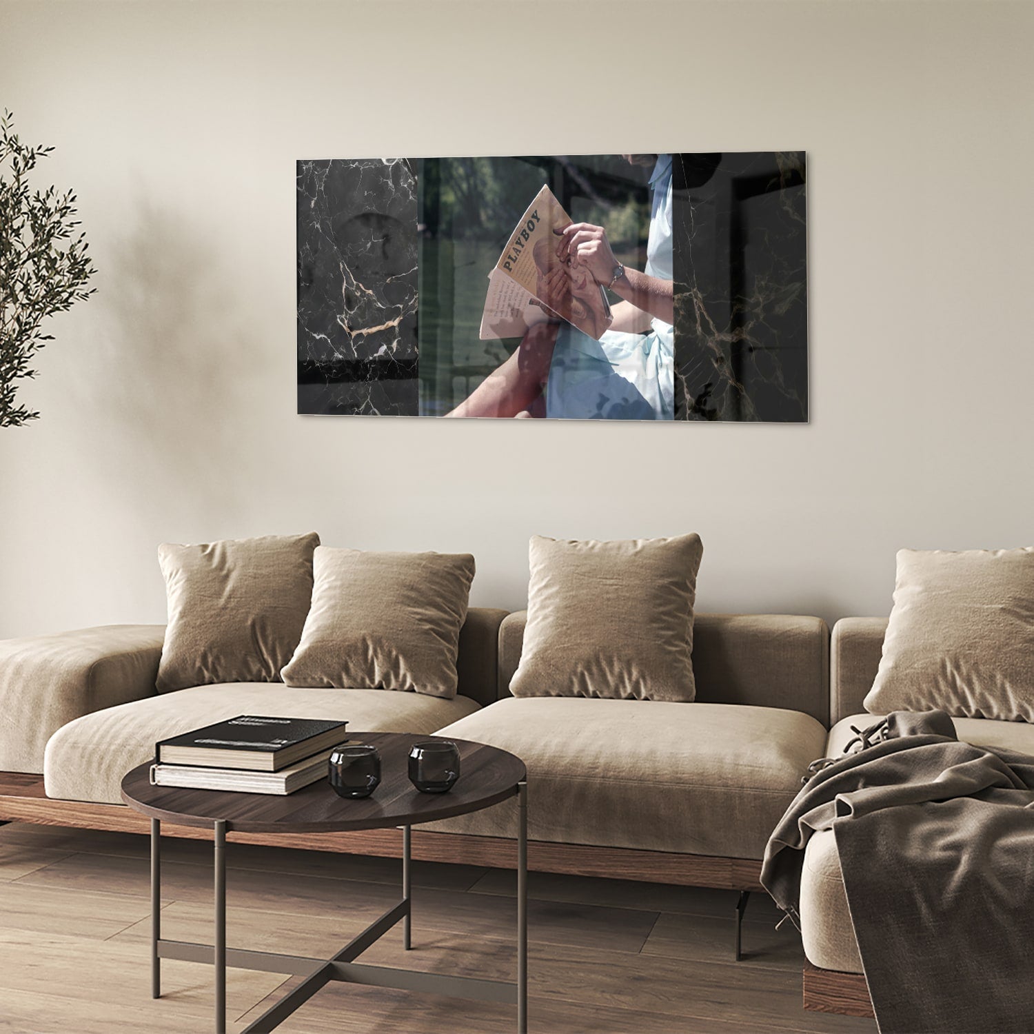 Ruhiges Glasbild mit Lesemoment am Wasser – Glasbild aus Sicherheitsglas, Größe 90x60