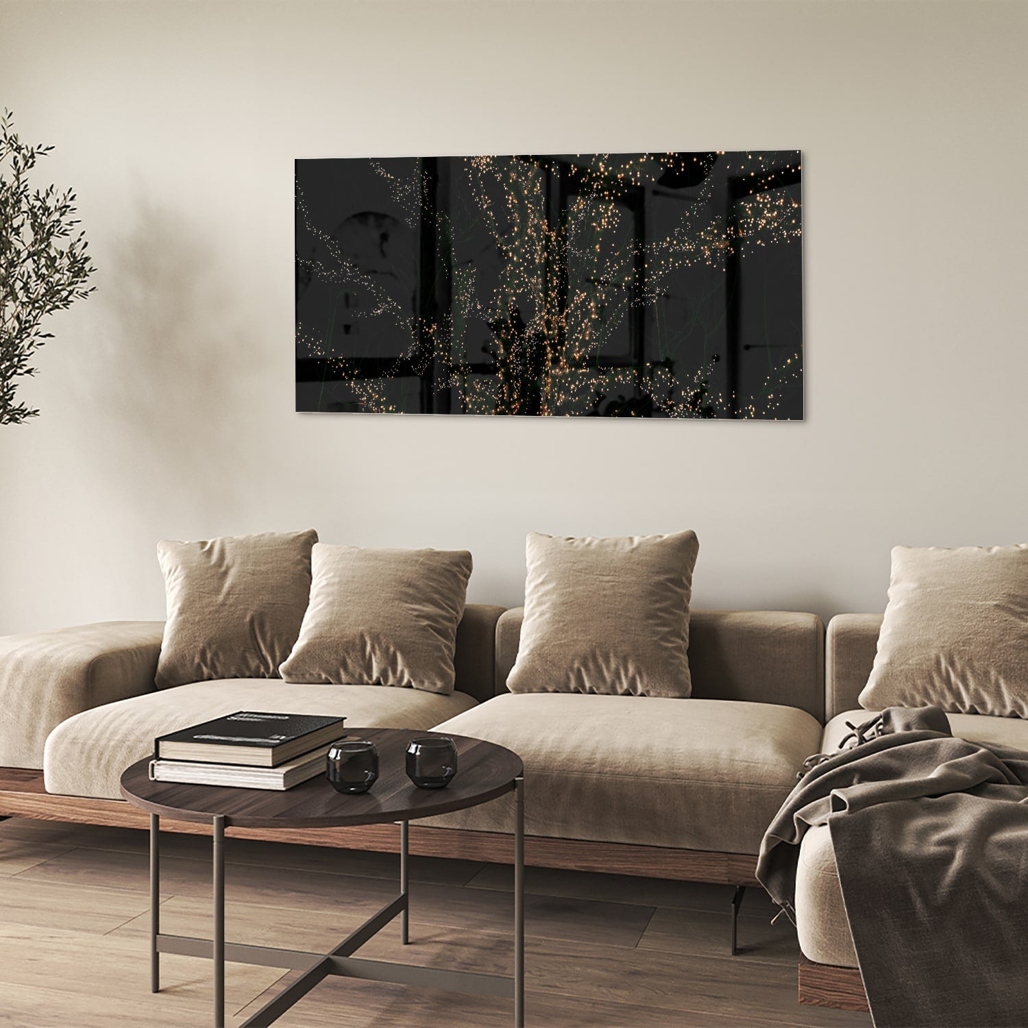 Glasbild mit goldenen Ästen auf schwarzem Hintergrund – Glasbild aus Sicherheitsglas, Größe 90x60