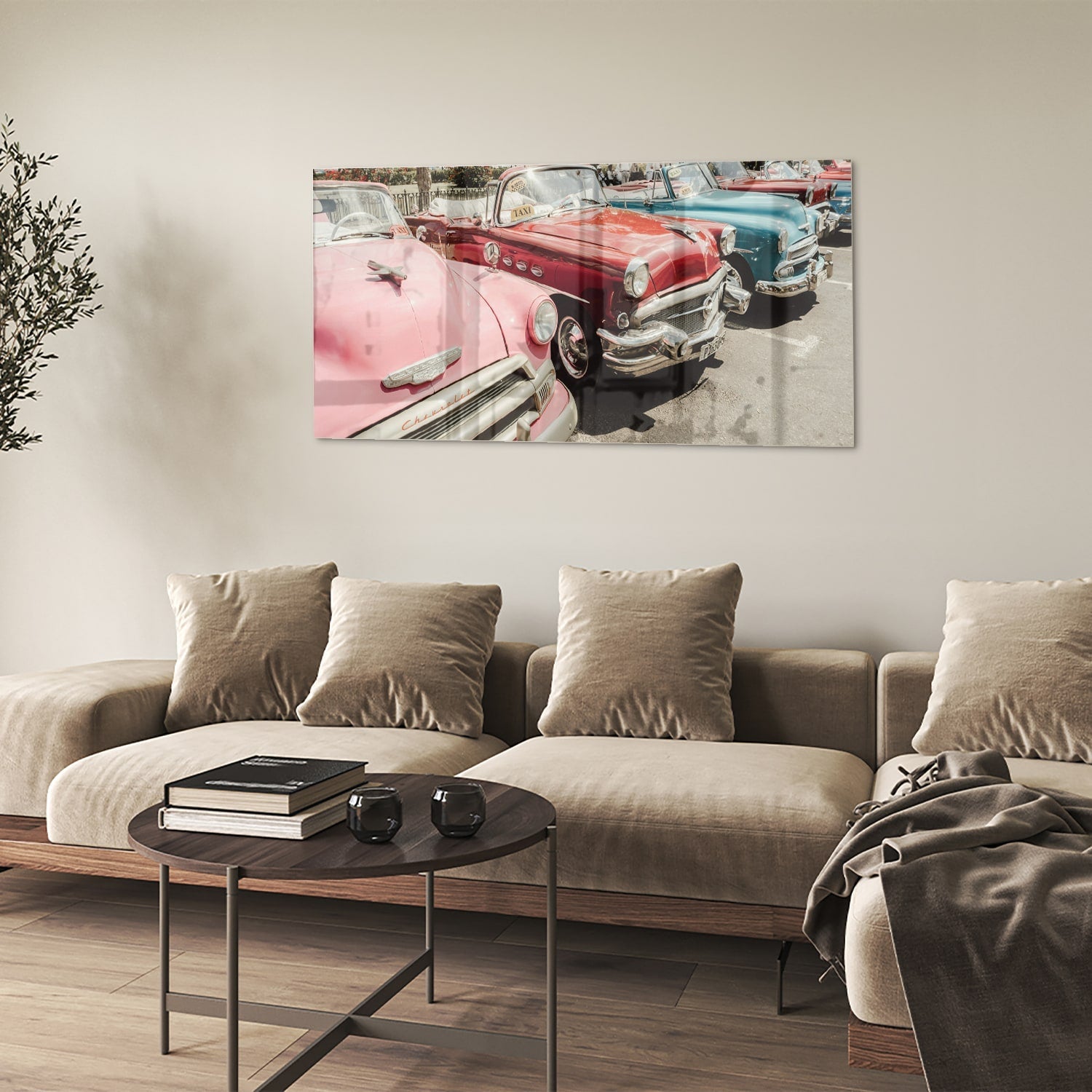 Retro-Glasbild mit farbenfrohen Autos – Glasbild aus Sicherheitsglas, Größe 90x60