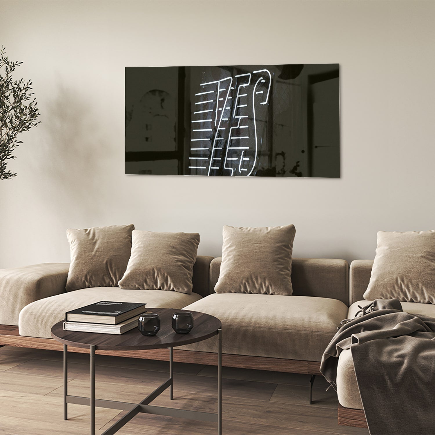 Glasbild mit 'YES' Schriftzug in modernem Design – Glasbild aus Sicherheitsglas, Größe 90x60