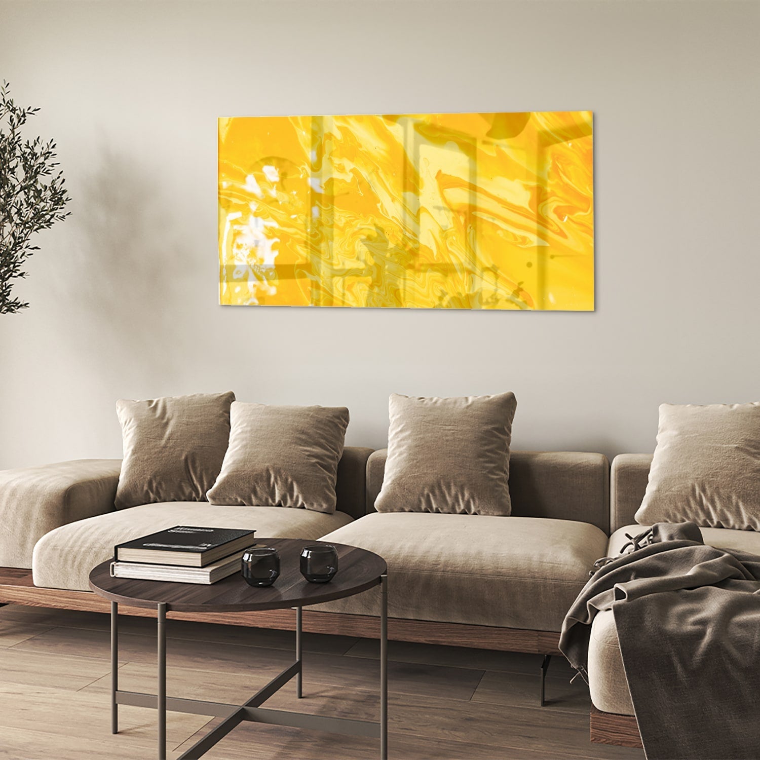 Leuchtend gelbes Glasbild für moderne Innenräume – Glasbild aus Sicherheitsglas, Größe 90x60