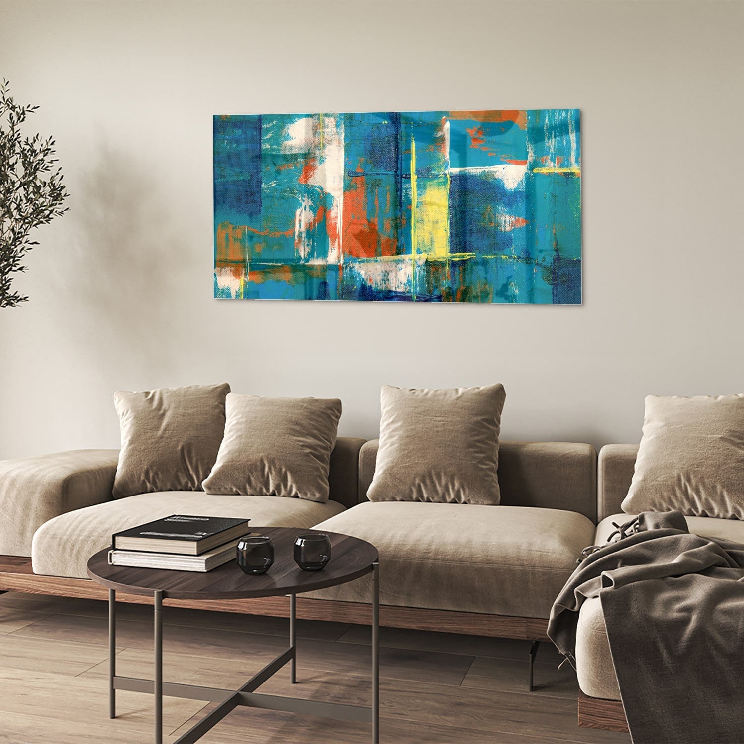 Abstraktes Glasbild in farbenfrohen Farbtönen – Glasbild aus Sicherheitsglas, Größe 90x60