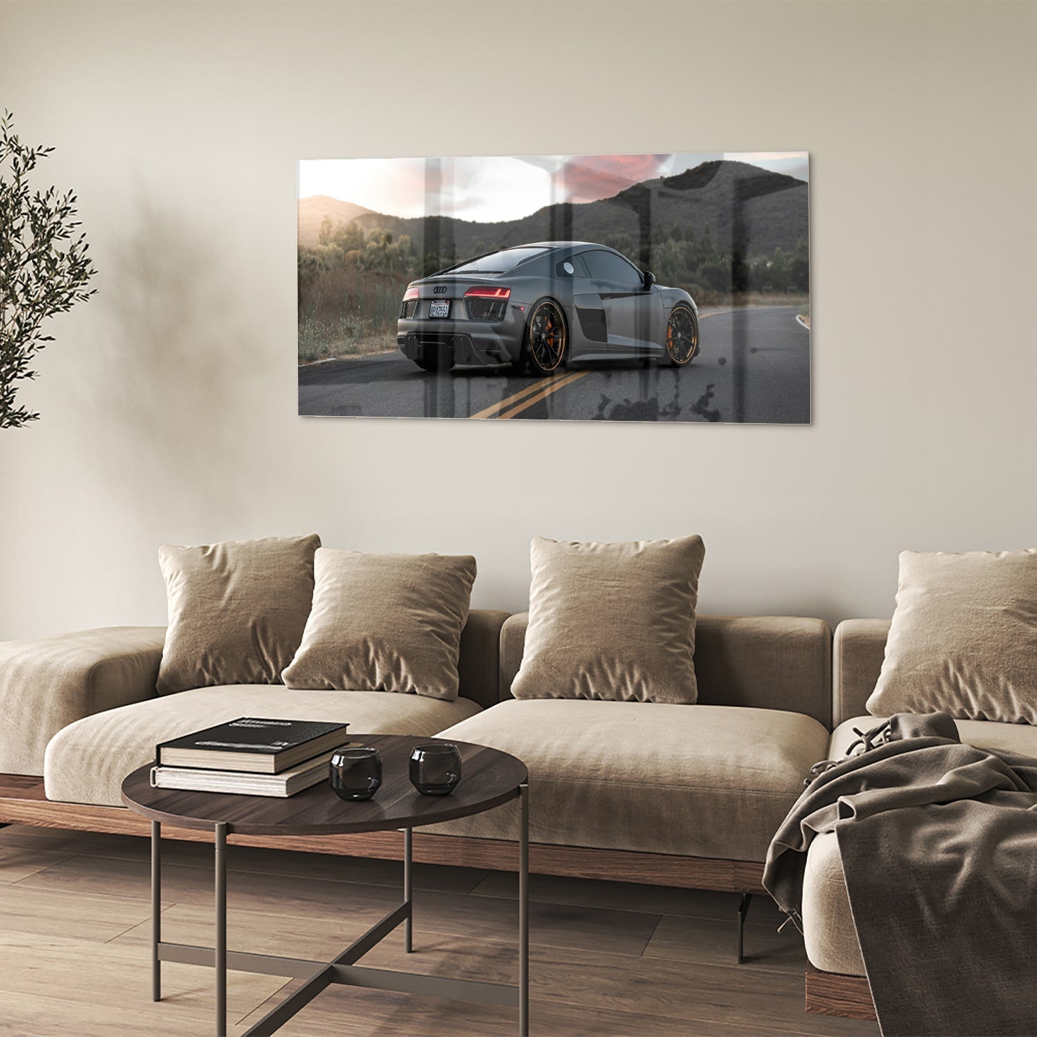 Modernes Glasbild mit einem Sportwagen in der Natur – Glasbild aus Sicherheitsglas, Größe 90x60