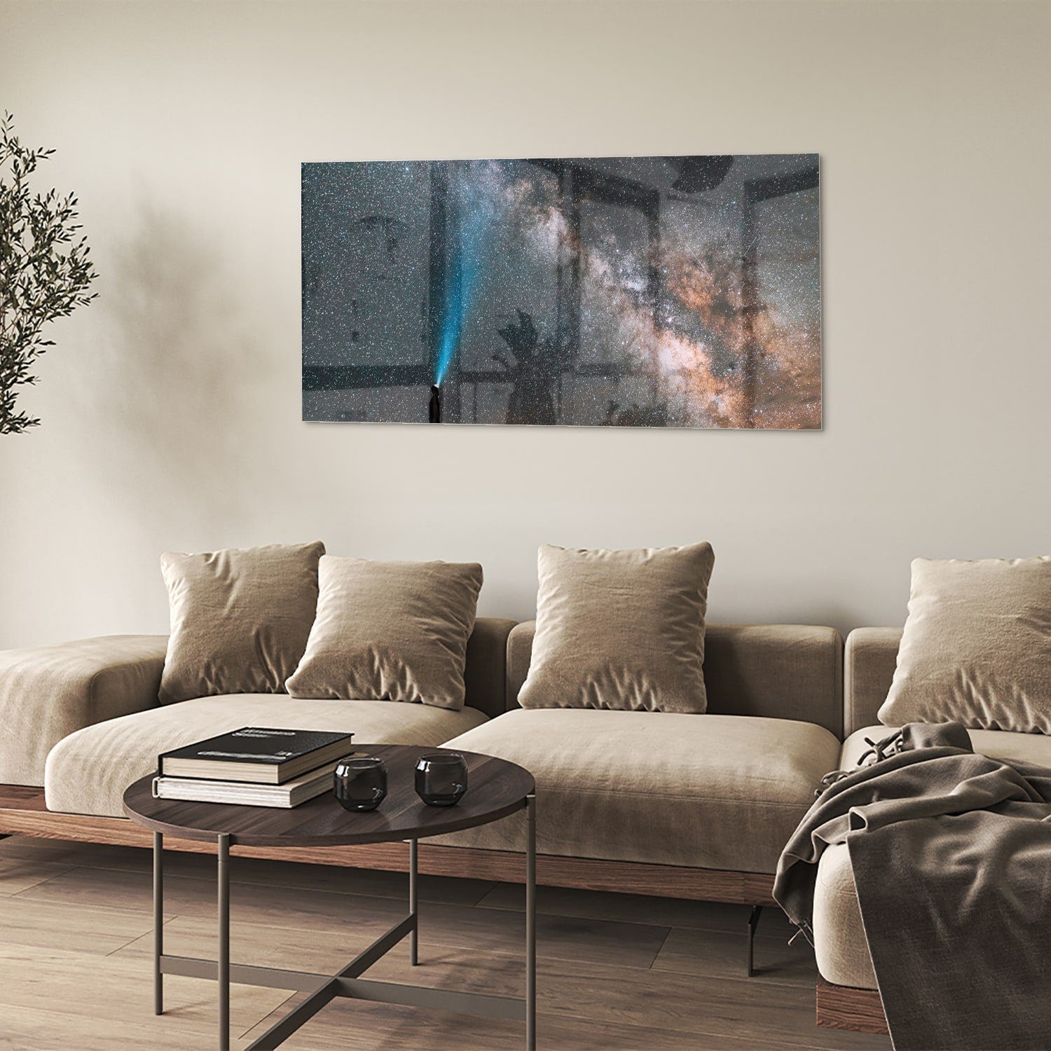 Glasbild Sternenhimmel mit Lichtstrahl – Glasbild aus Sicherheitsglas, Größe 90x60