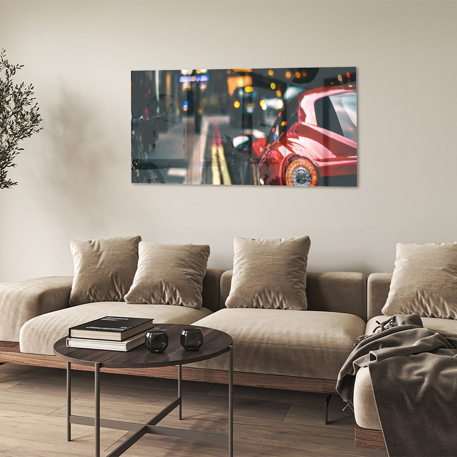 Stilvolles Glasbild mit einem roten Auto in der Stadt – Glasbild aus Sicherheitsglas, Größe 90x60