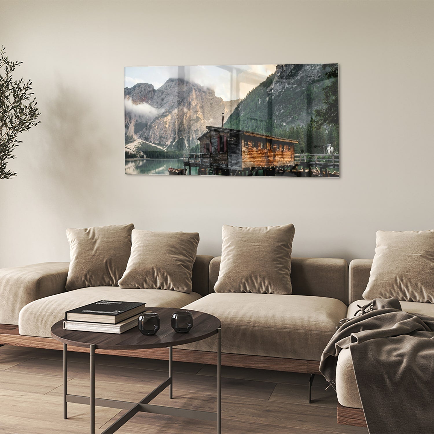Bezauberndes Glasbild mit einer Berghütte – Glasbild aus Sicherheitsglas, Größe 90x60