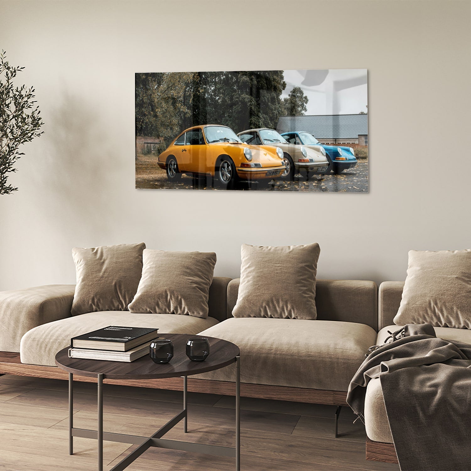 Fröhliches Glasbild mit gelbem Auto – Glasbild aus Sicherheitsglas, Größe 90x60
