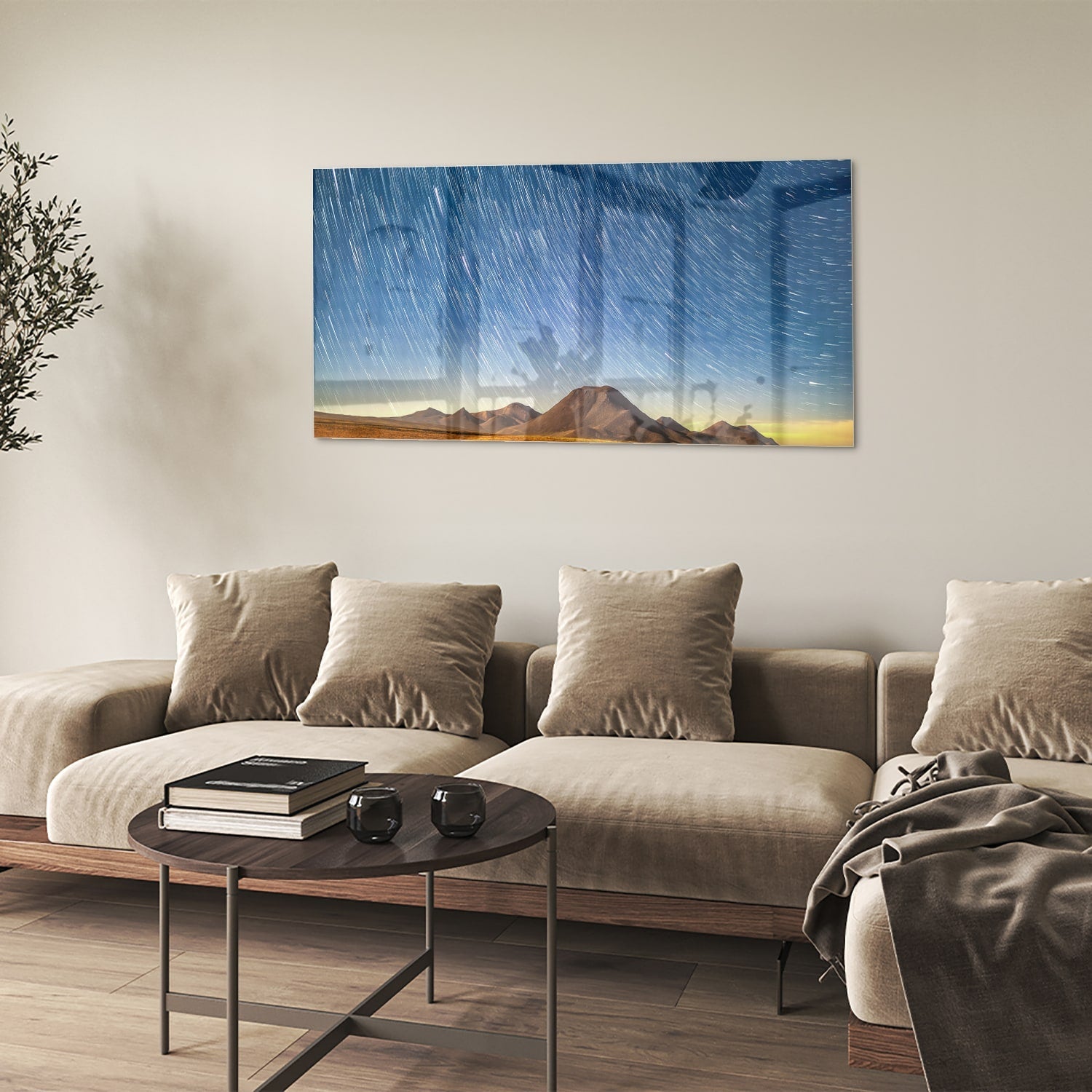 Glasbild mit Sternenhimmel über den Bergen – Glasbild aus Sicherheitsglas, Größe 90x60