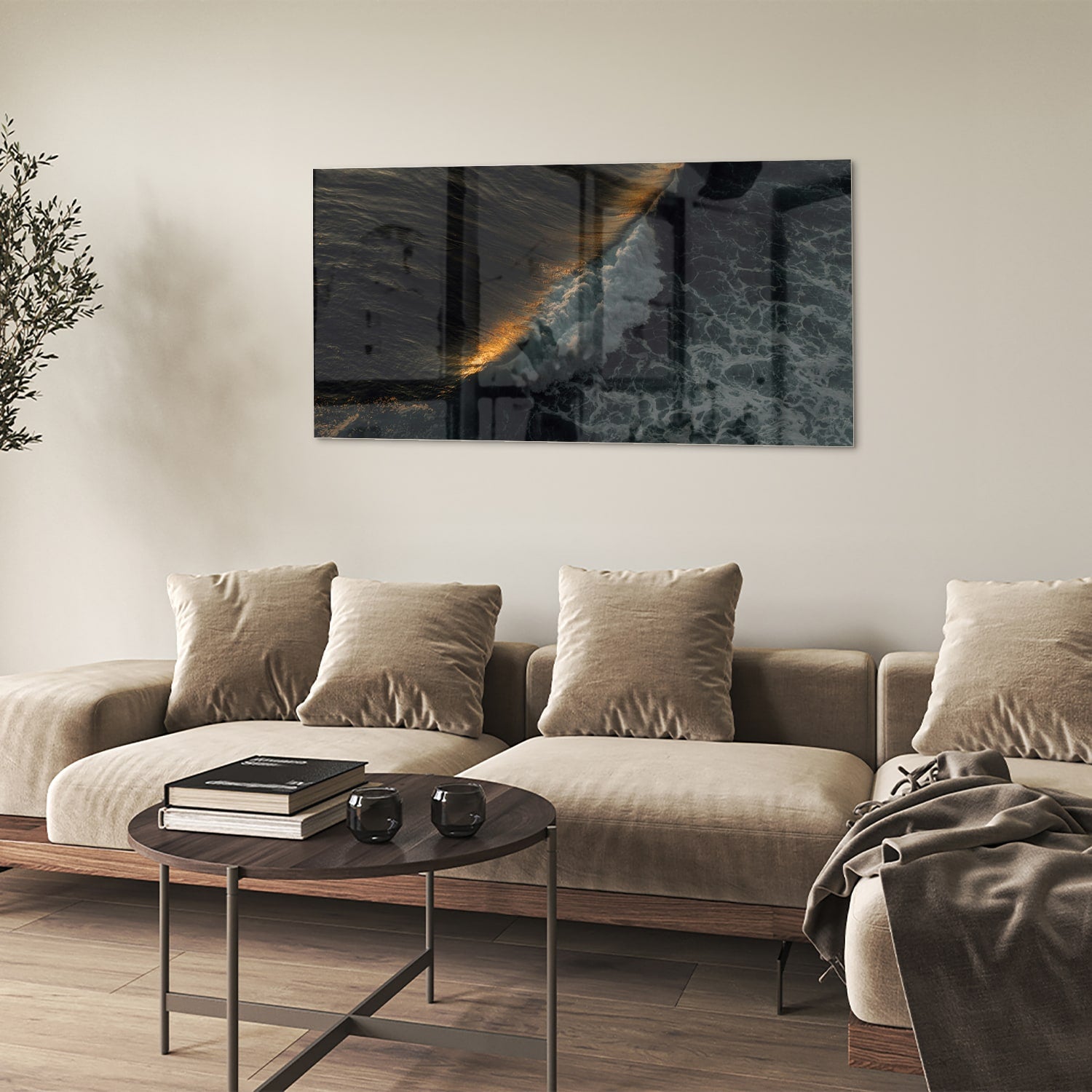 Schwarzes Glasbild mit Meerblick und Goldakzenten – Glasbild aus Sicherheitsglas, Größe 90x60