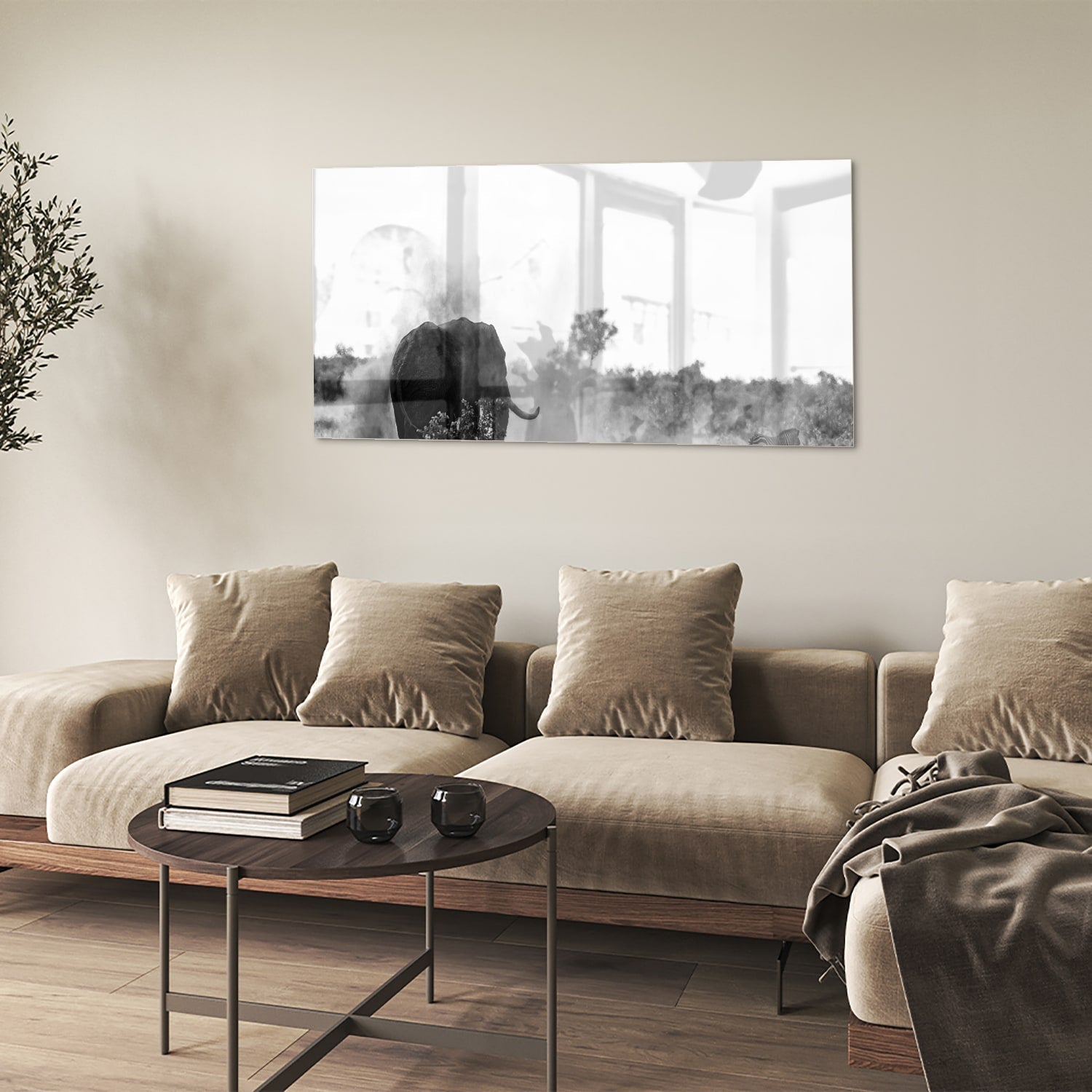 Elegantes Schwarz-Weiß-Glasbild mit einem Elefanten – Glasbild aus Sicherheitsglas, Größe 90x60