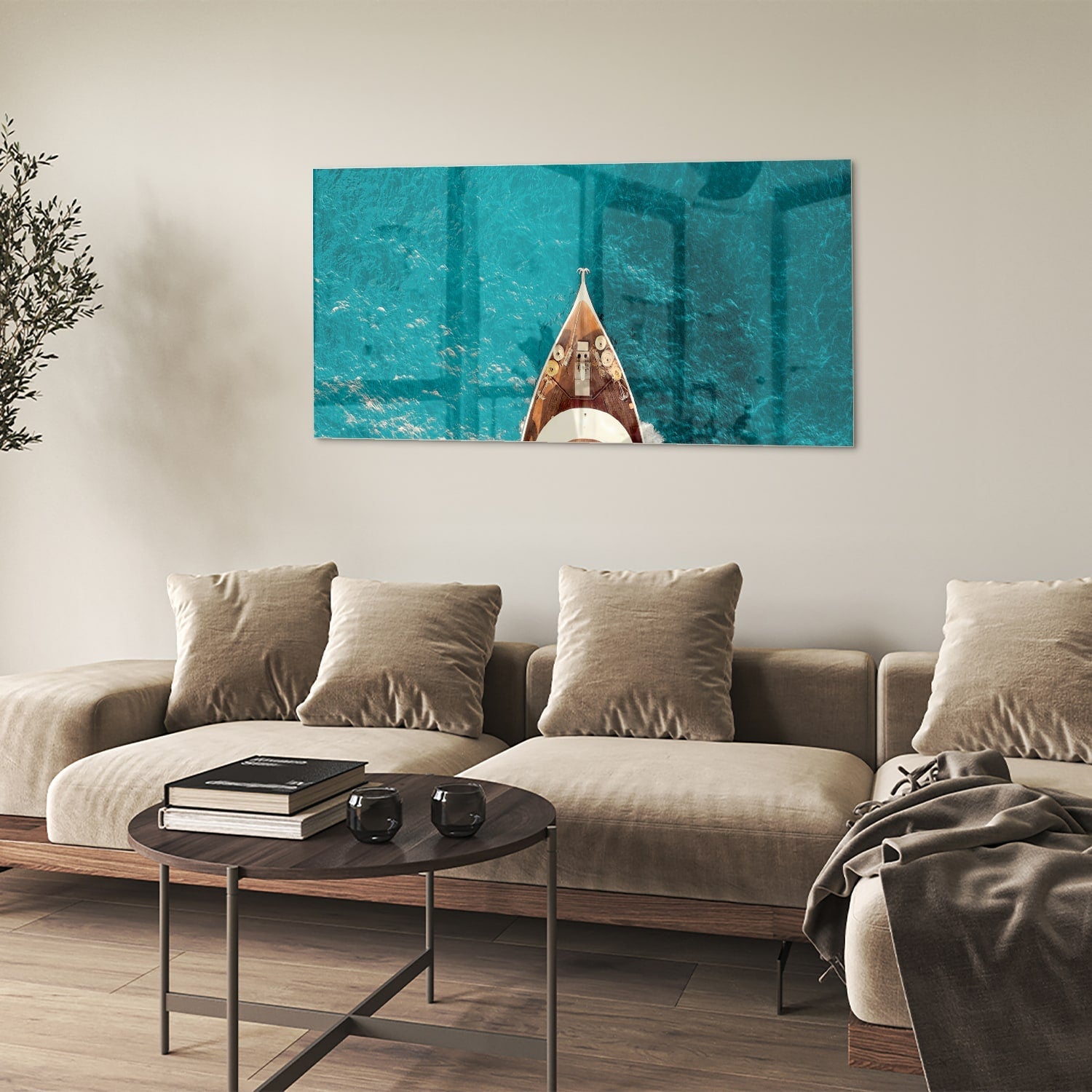 Glasbild mit einem Boot über Wasser – Glasbild aus Sicherheitsglas, Größe 90x60