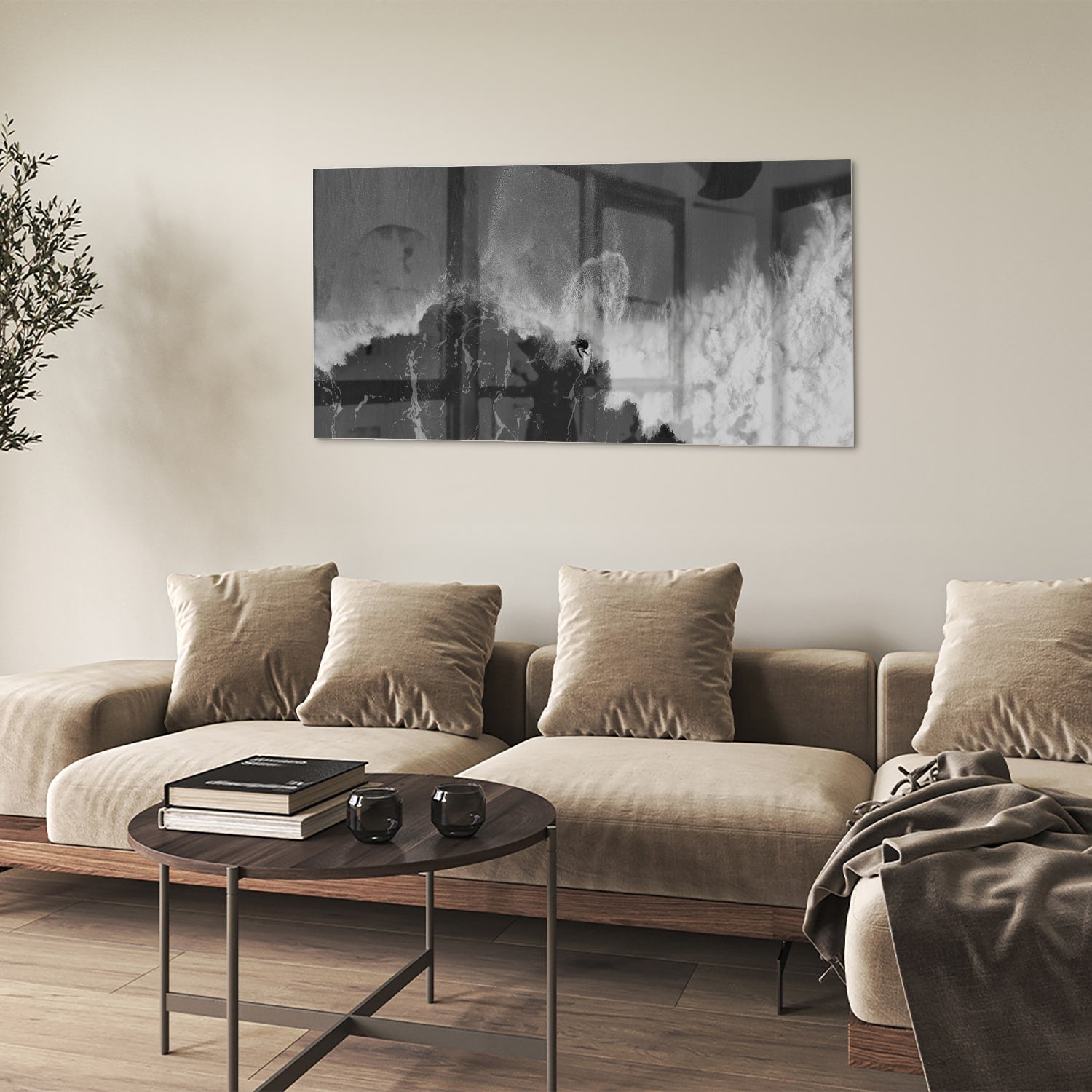 Abstraktes Schwarz-Weiß-Glasbild für ein modernes Interieur – Glasbild aus Sicherheitsglas, Größe 90x60