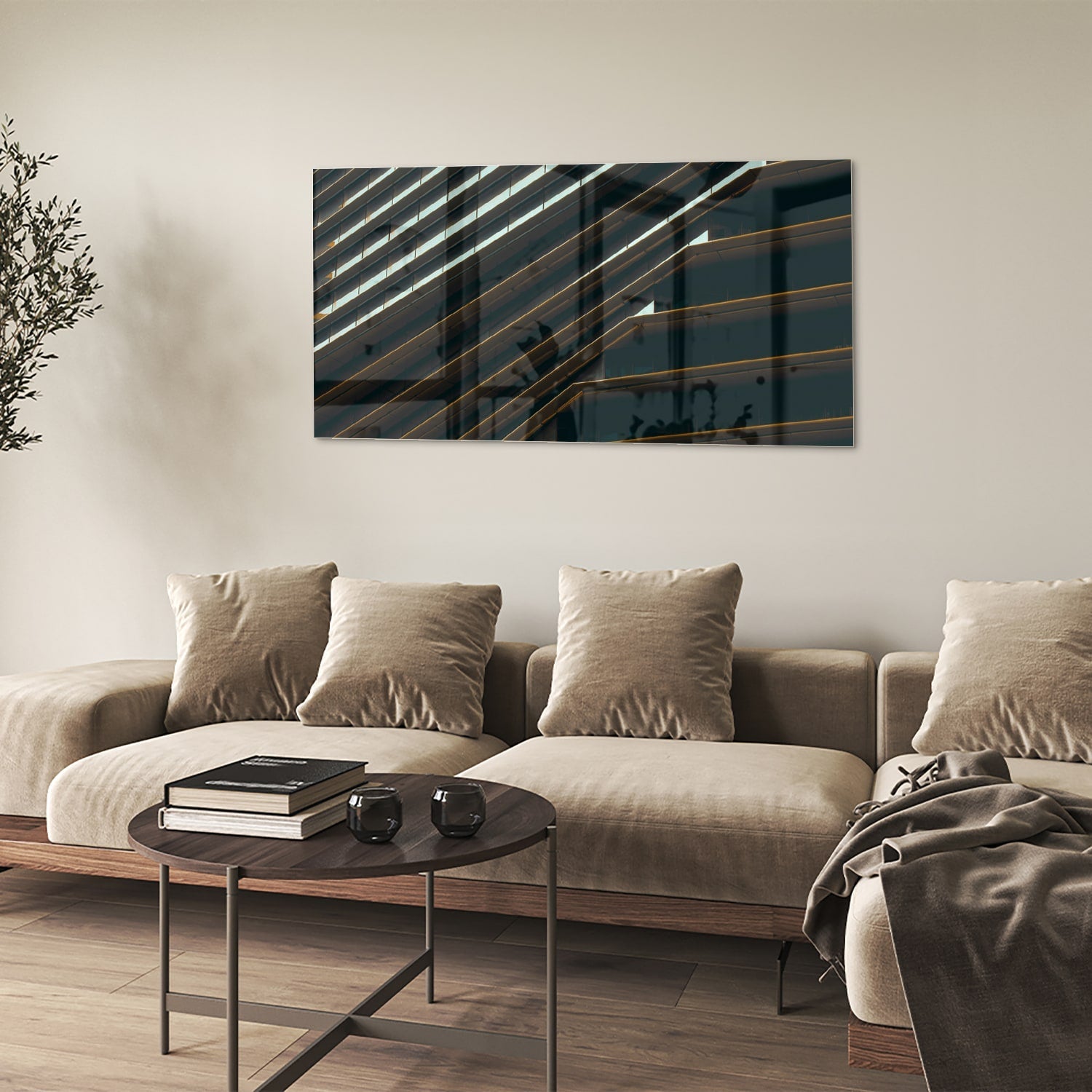Modernes Glasbild mit schwarzen Linien und Licht – Glasbild aus Sicherheitsglas, Größe 90x60