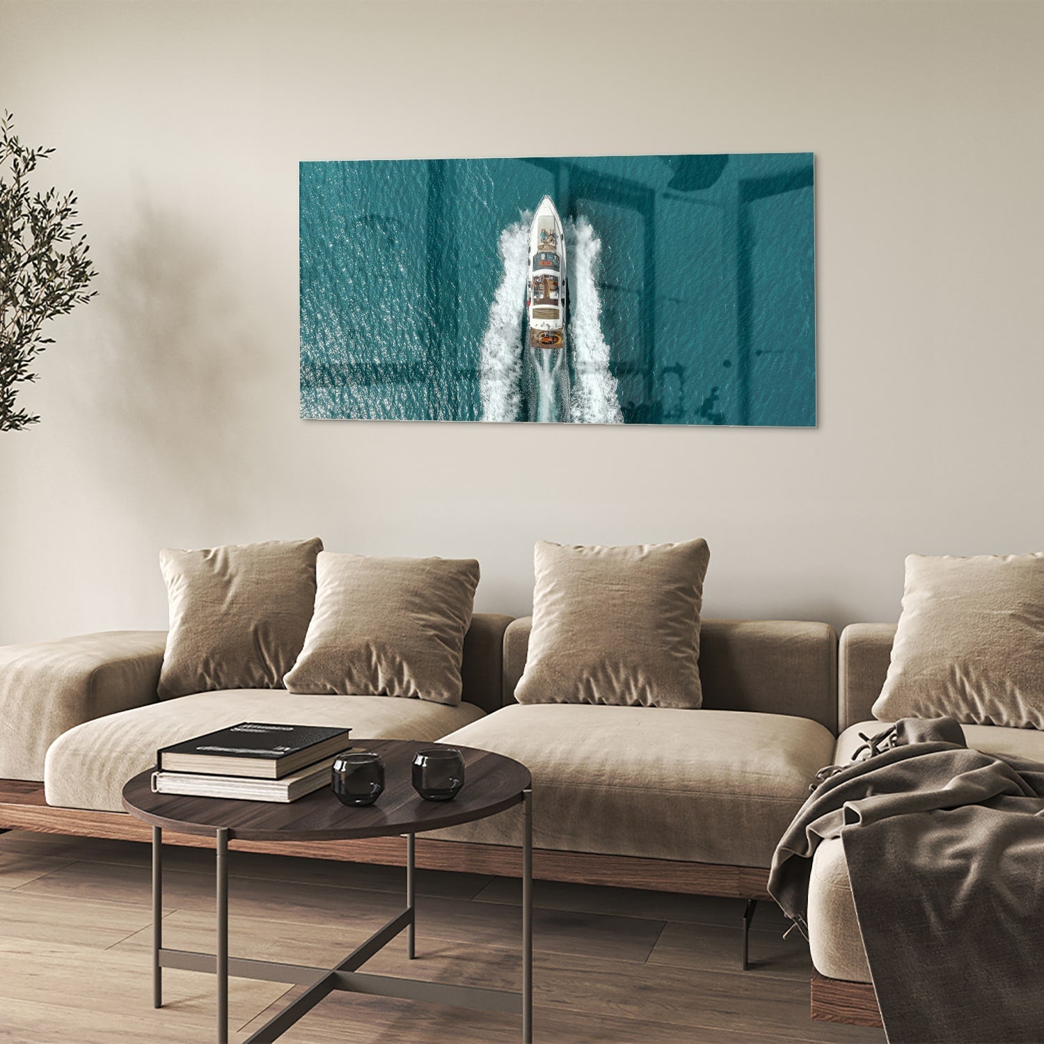 Glasbild mit einem Boot in türkisfarbenem Wasser – Glasbild aus Sicherheitsglas, Größe 90x60