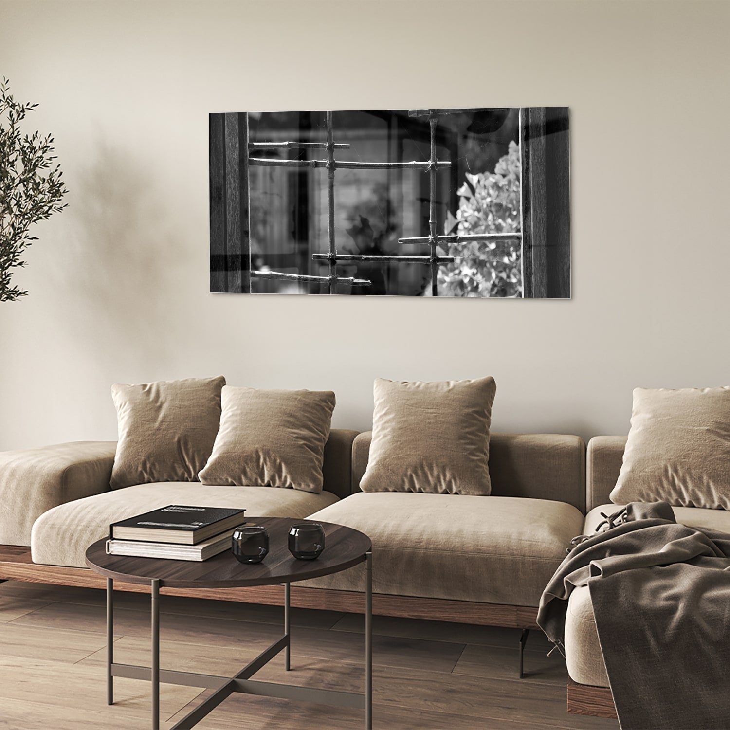 Modernes Glasbild mit Fensterblick – Glasbild aus Sicherheitsglas, Größe 90x60