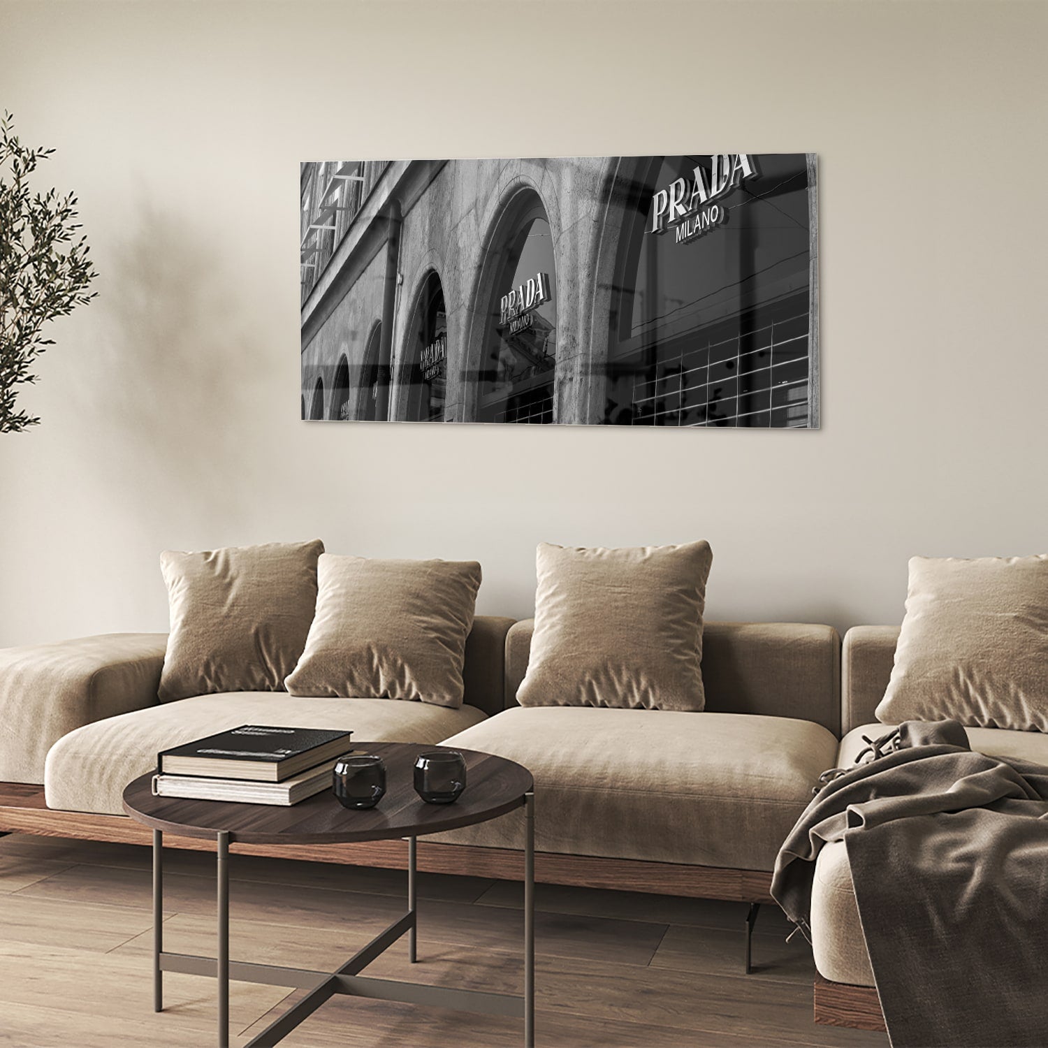 Elegantes Glasbild mit Prada-Schaufenster – Glasbild aus Sicherheitsglas, Größe 90x60